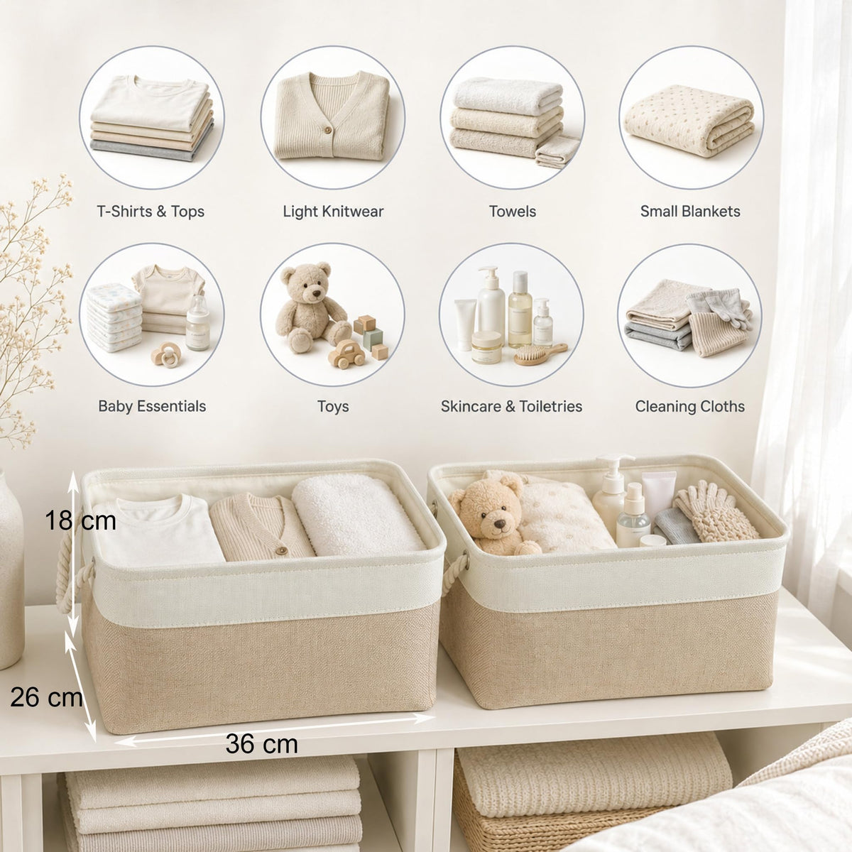 Mangata Fabric Storage Box set of 3, Foldable Fabric Storage Baskets with Handles for Cupboards, Wardrobe, Shelves, Bathroom, Clothes, Toys, Towel - image 4
