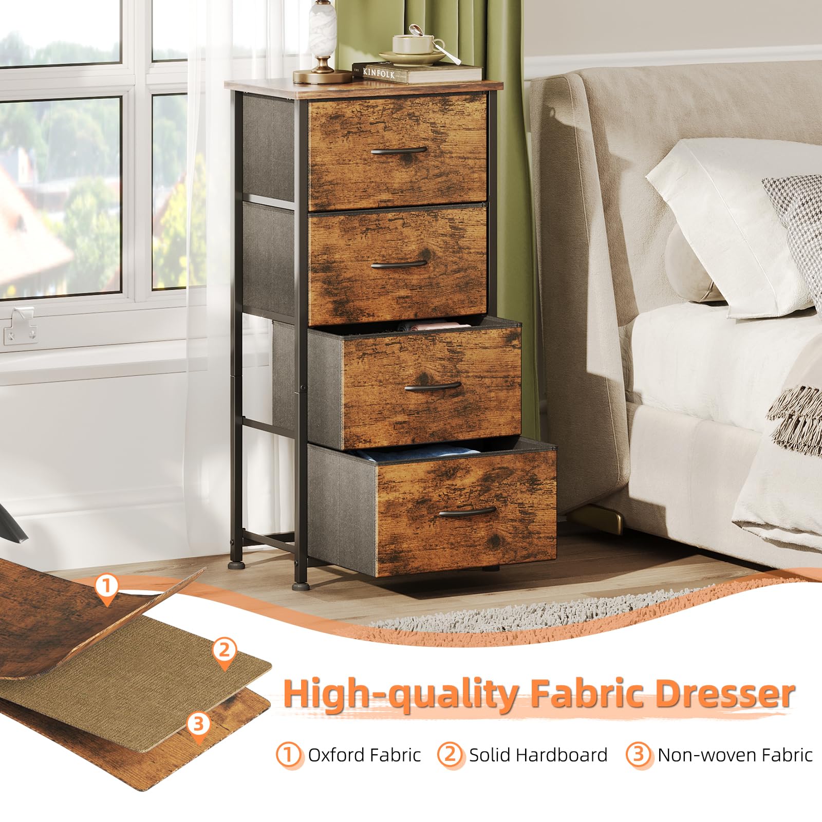 Jolof Store 4-Drawer Chest – Rustic Brown Tall Dresser with Curved Edges