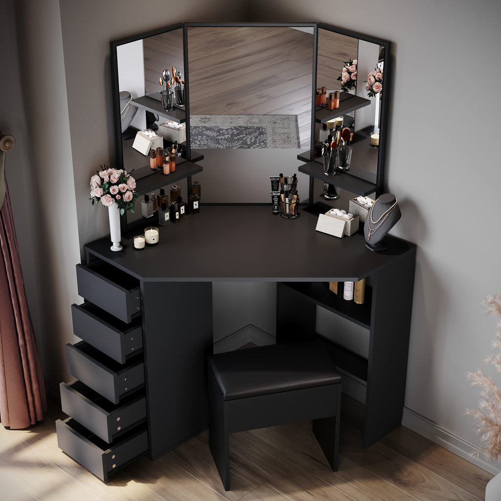 ELEGANT Corner Dressing Table with Padded Stool, Vanity Desk with 5 Drawers - image 4
