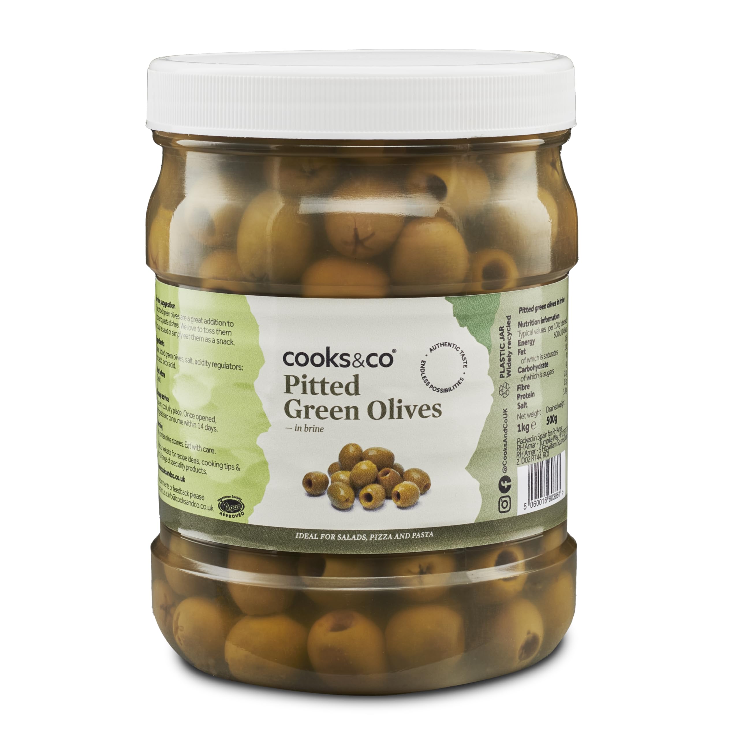 Cooks&Co Pitted Green Olives in Brine - Bulk 3 x 1kg Pantry Pack