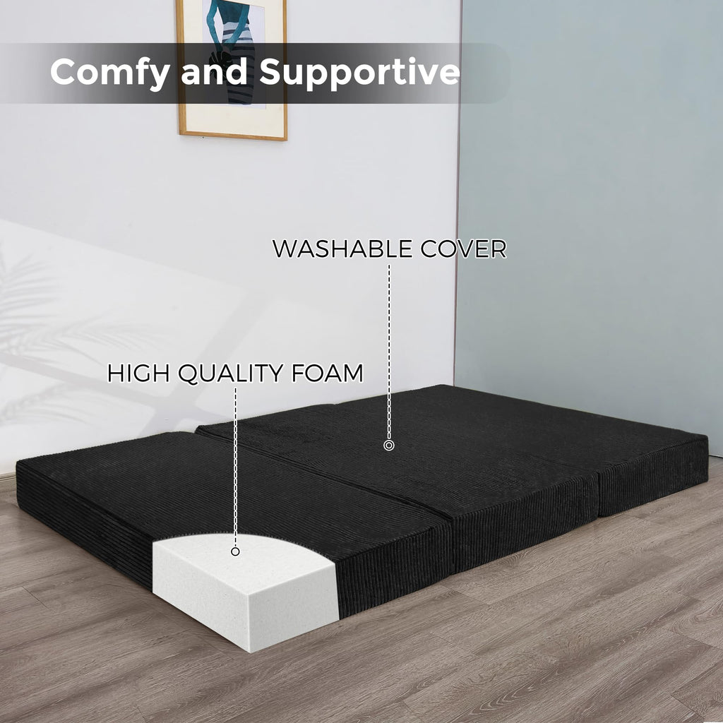 MAXYOYO Folding Corduroy Mattress, Tri Fold Floor Mattress 15cm thick with Washable Cover,Foldable in Three,Space-Saving for Guest Black, Single