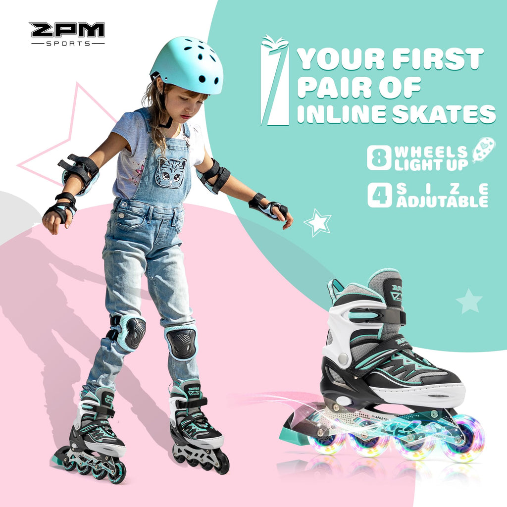 2pm Sports Light up Inline Skates - Adjustable Beginner Skates, Mint