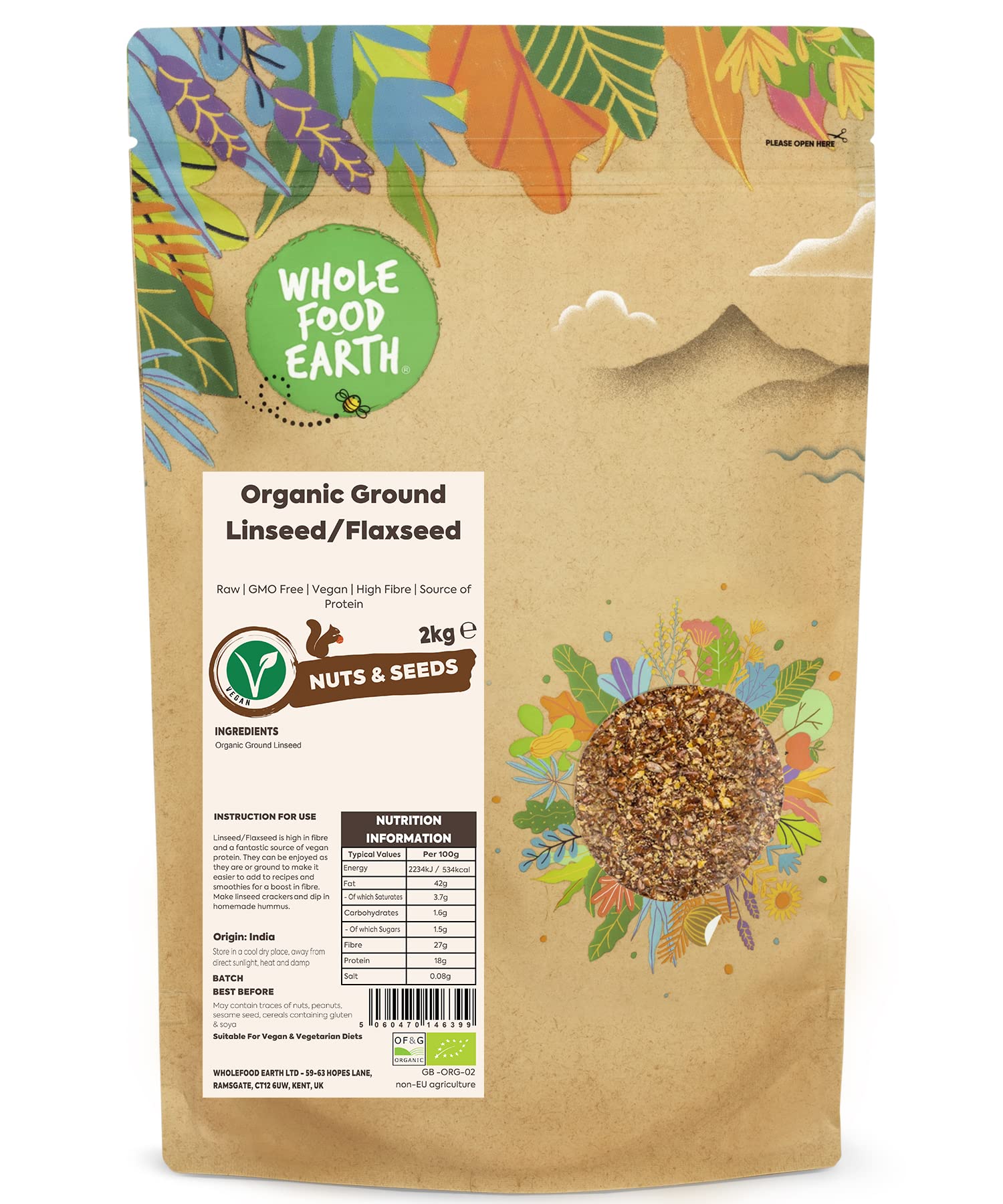 Wholefood Earth Organic Ground Flaxseed | Raw Linseed - 2kg High Fibre