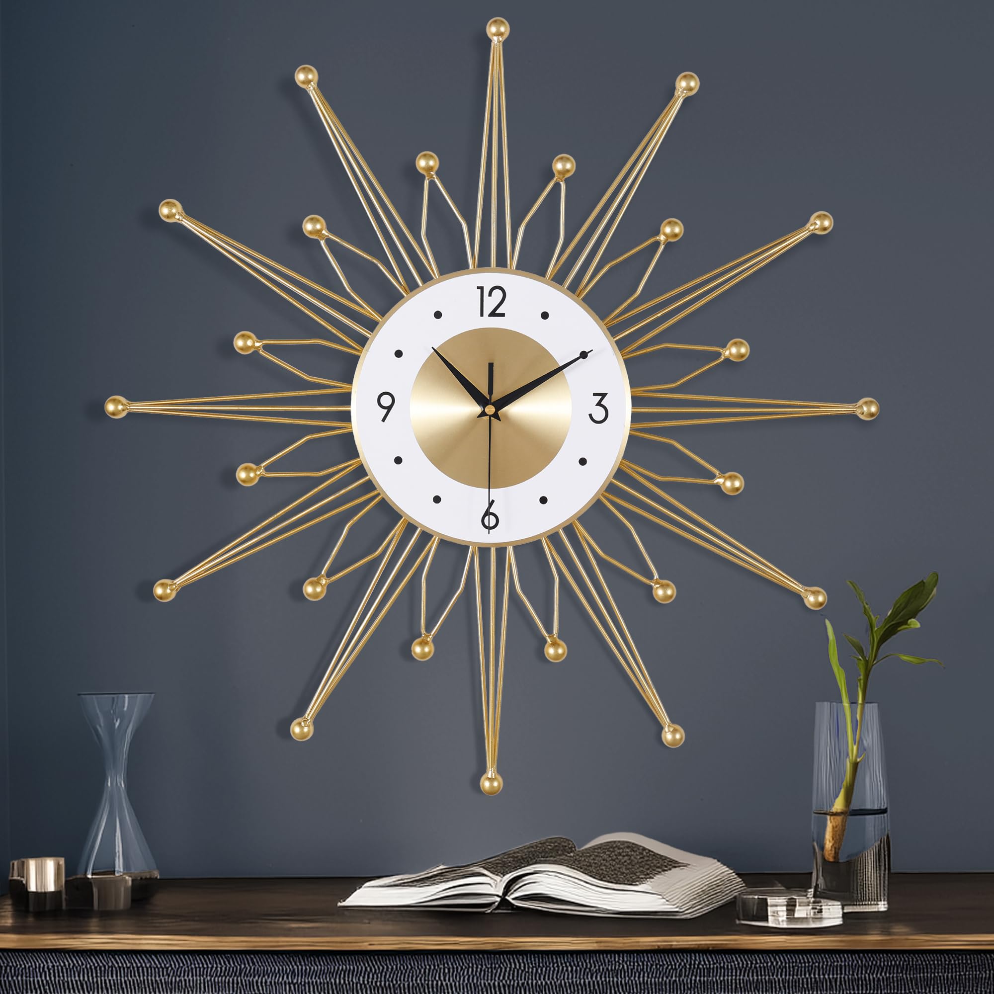 Lafocuse 23 Inch Gold Sunburst Wall Clock | Silent Mid Century Metal Decor