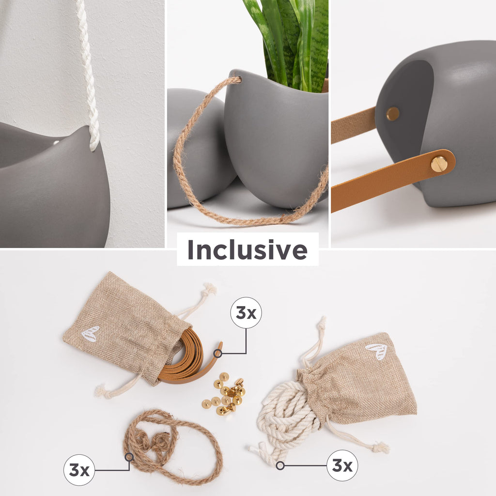 Kazai Ellie Hanging Ceramic Wall Planters – 3-Piece Indoor Garden Set, Grey