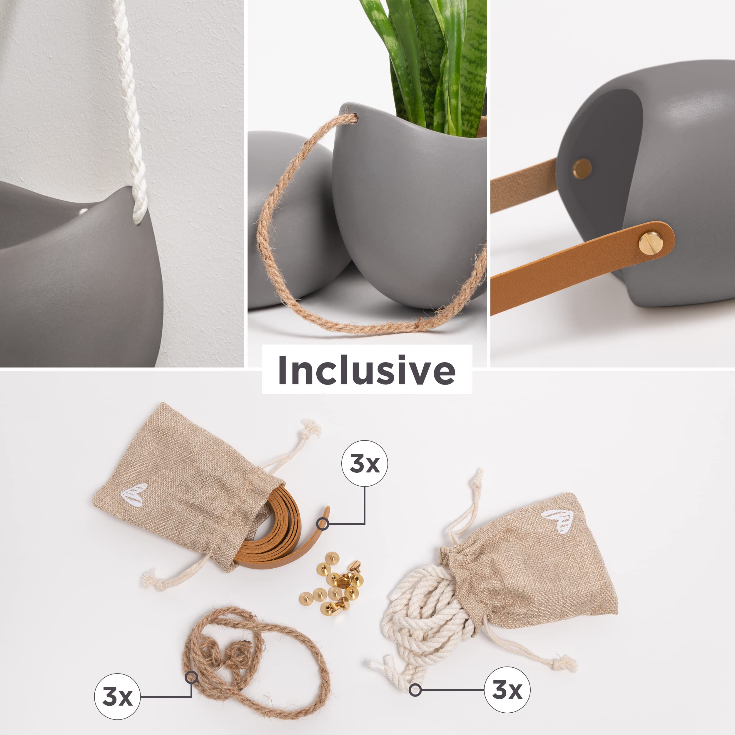 Kazai Ellie Hanging Ceramic Wall Planters – 3-Piece Indoor Garden Set, Grey