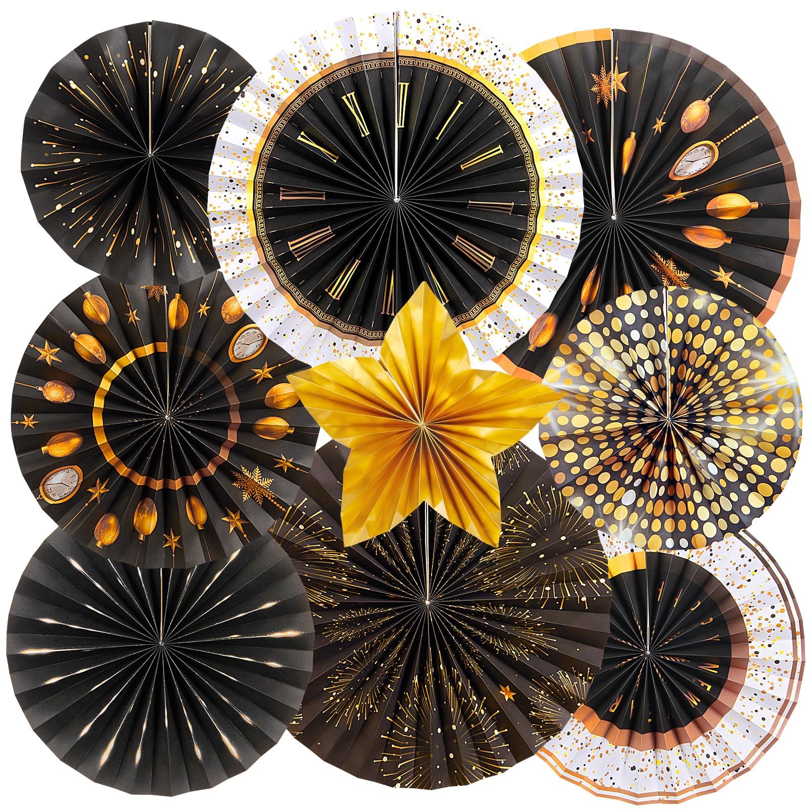 Easy Joy Black and Gold Hanging Paper Fans – 2026 New Year Party Decor