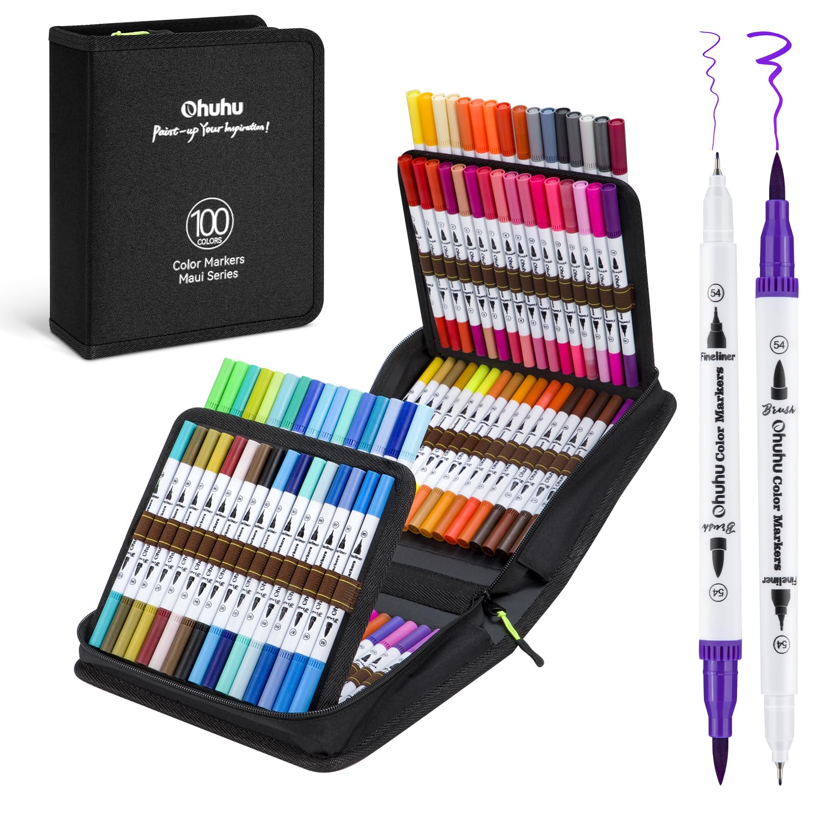 Ohuhu 100 Colours Dual Tip Brush Pens – Art Markers with Fineliner