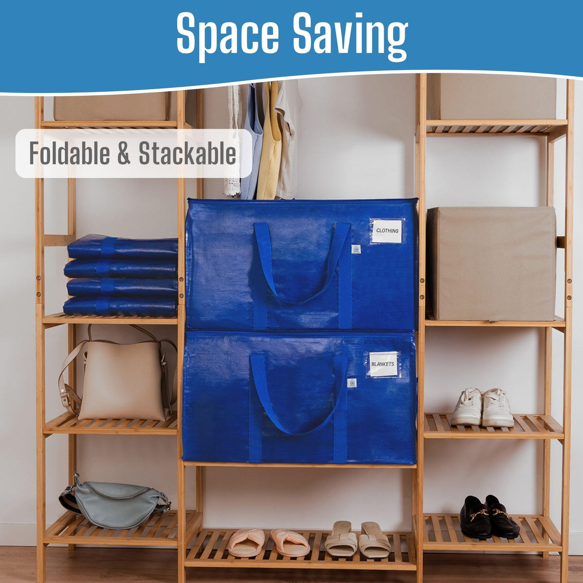 VENO 6 Pack Extra Large Moving Bags with Zippers & Carrying Handles, Heavy-Duty Storage Tote Moving Boxes for Space Saving Blue-6 Pack