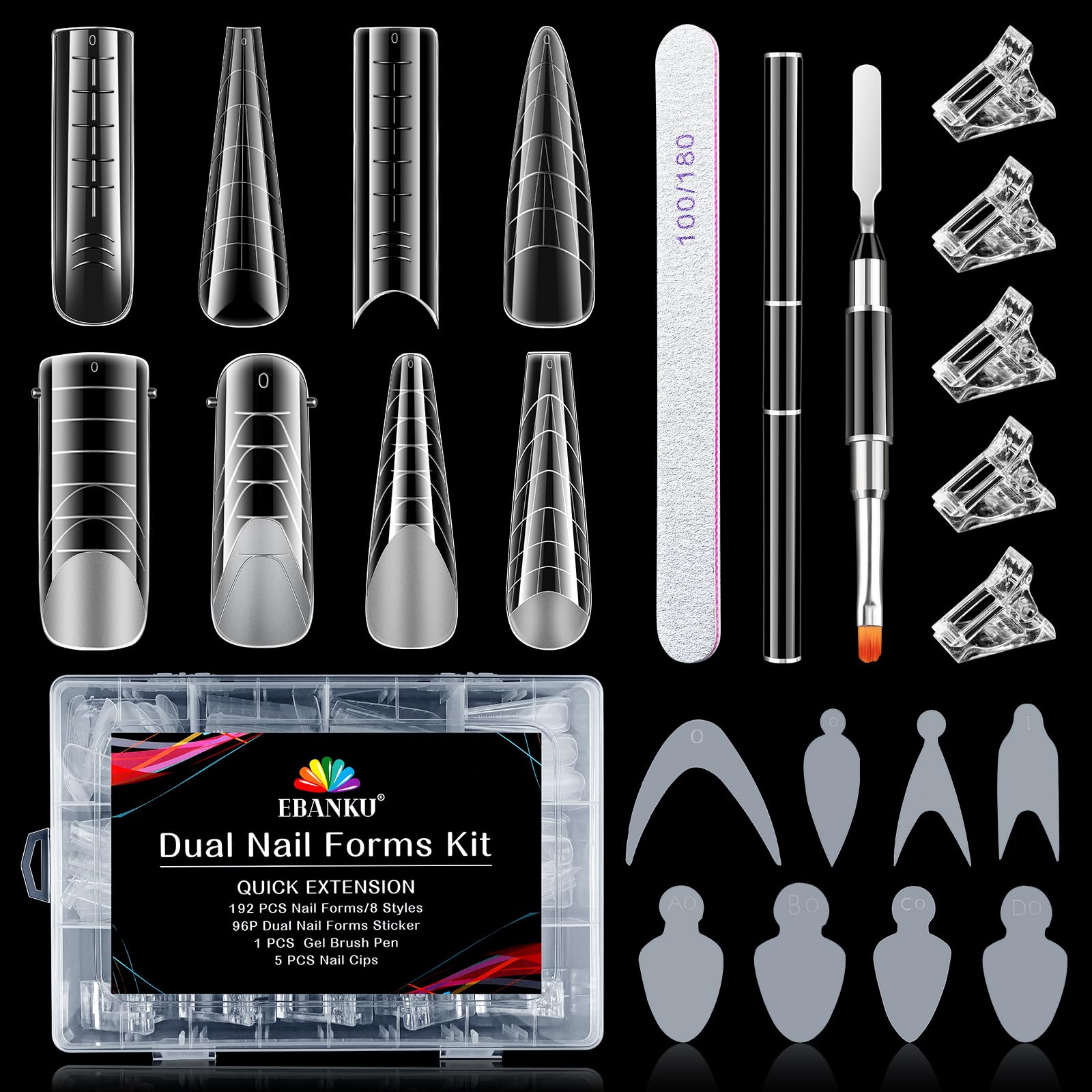 EBANKU Dual Nail Forms Kit - 192PCS Poly Gel Extension Molds with Stickers