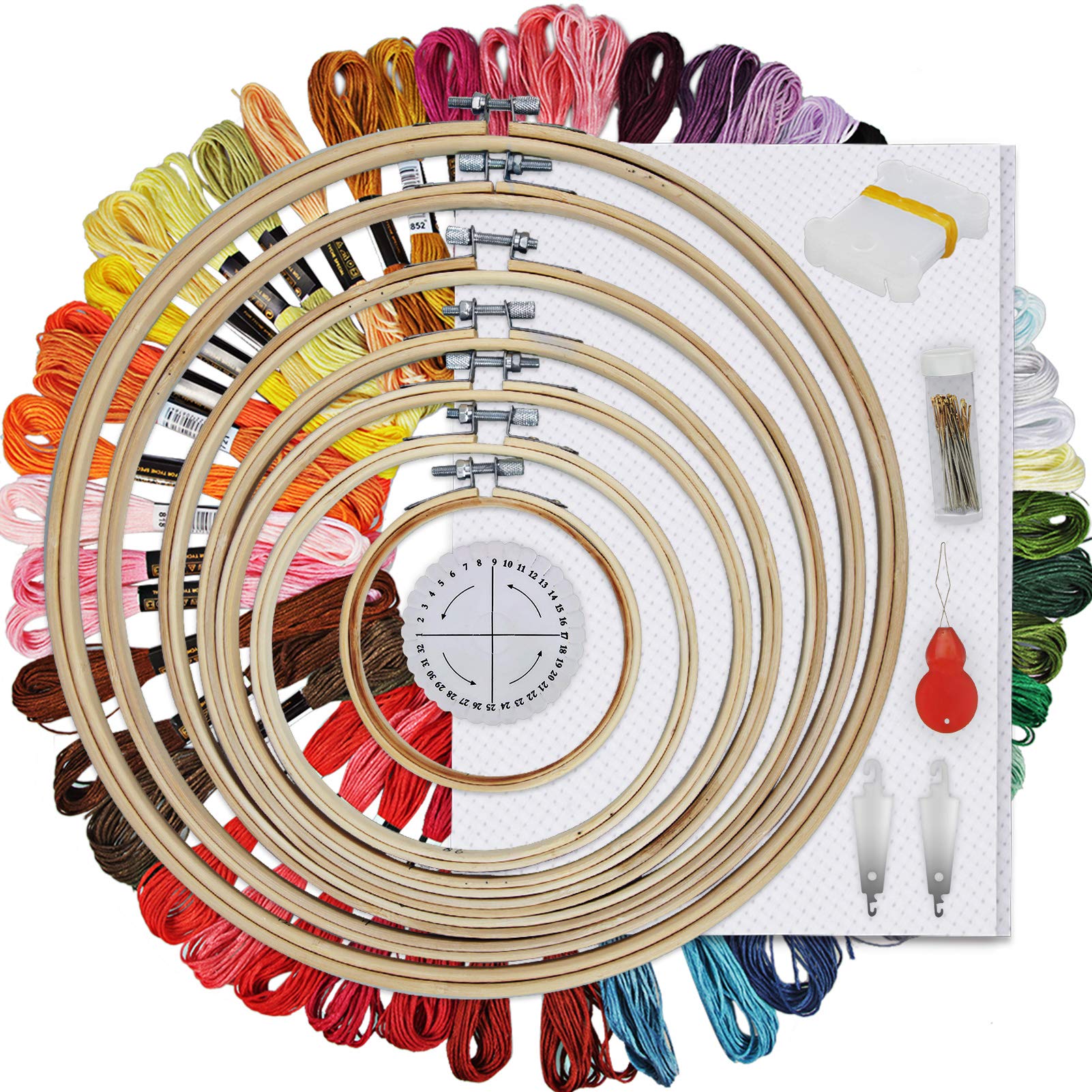 HAUSPROFI Embroidery Starter Kit – 50 Colors, 7 Bamboo Hoops & Needles