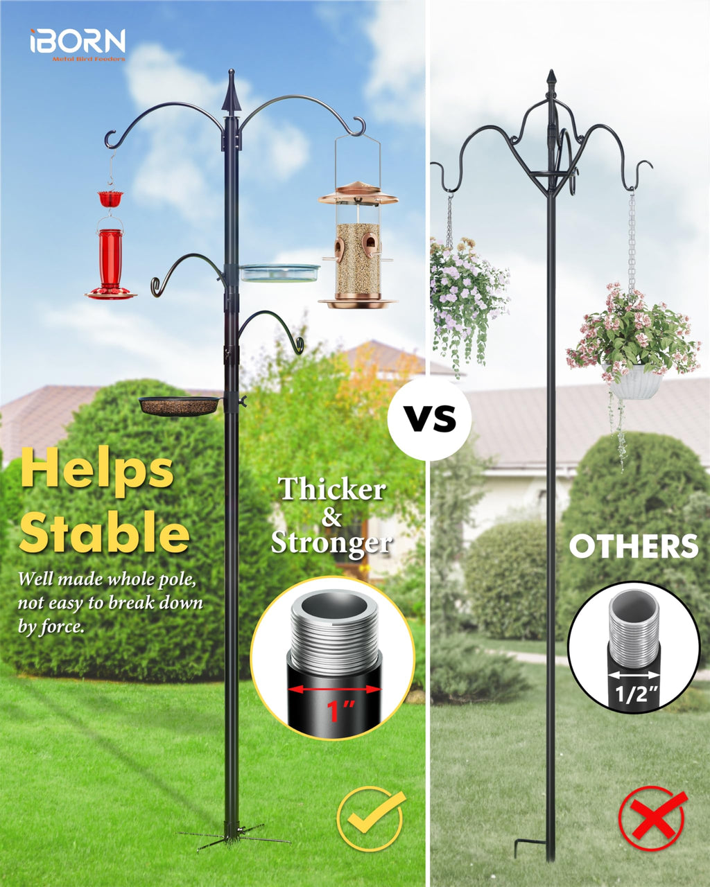 iBorn 78" Wild Bird Feeding Station – Heavy Duty 5-Prong Pole Stand
