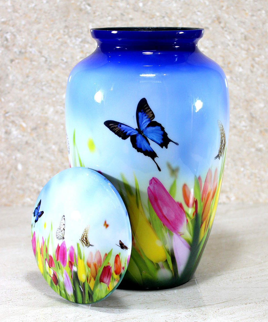 eSplanade Metal Cremation Urn - Blue Butterfly Memorial Jar for Ashes - 10"