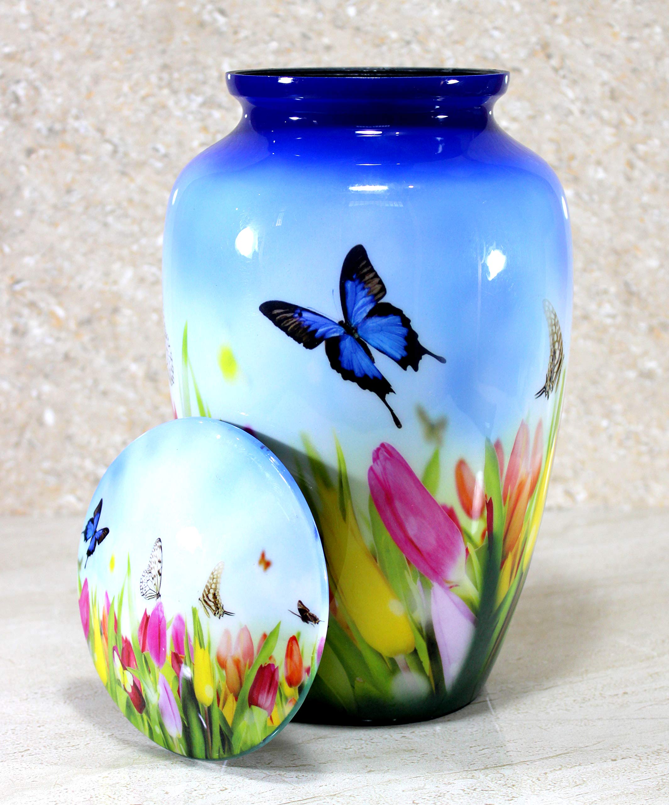 eSplanade Metal Cremation Urn - Blue Butterfly Memorial Jar for Ashes - 10"