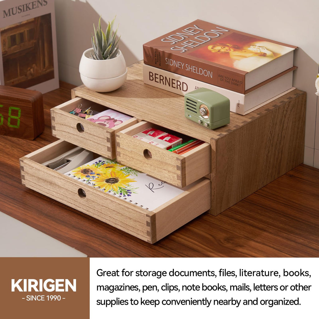KIRIGEN Wooden Desktop Organizer | 3-Drawer Office Storage Cabinet