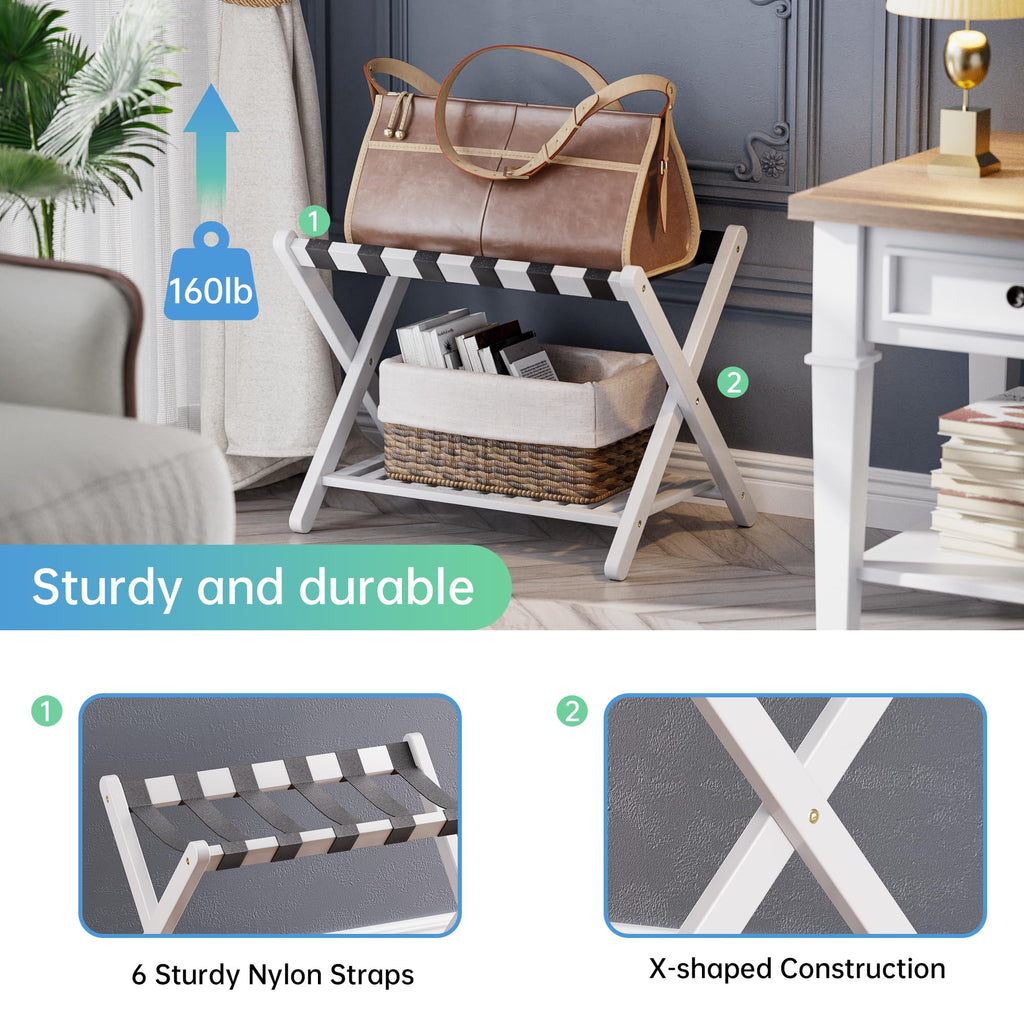 SMIBUY Foldable Bamboo Luggage Rack with Storage Shelf - White Suitcase Stand