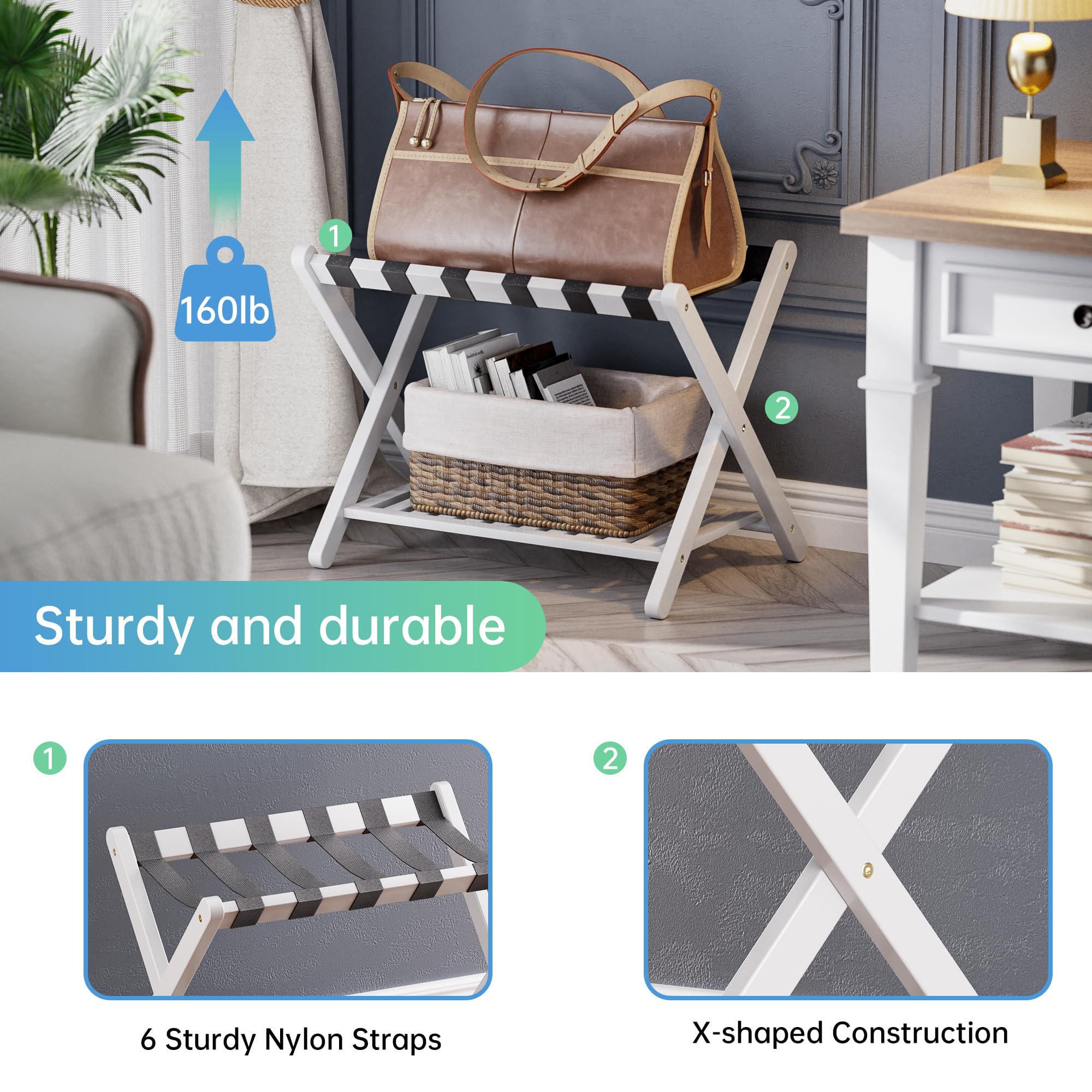 SMIBUY Foldable Bamboo Luggage Rack with Storage Shelf - White Suitcase Stand