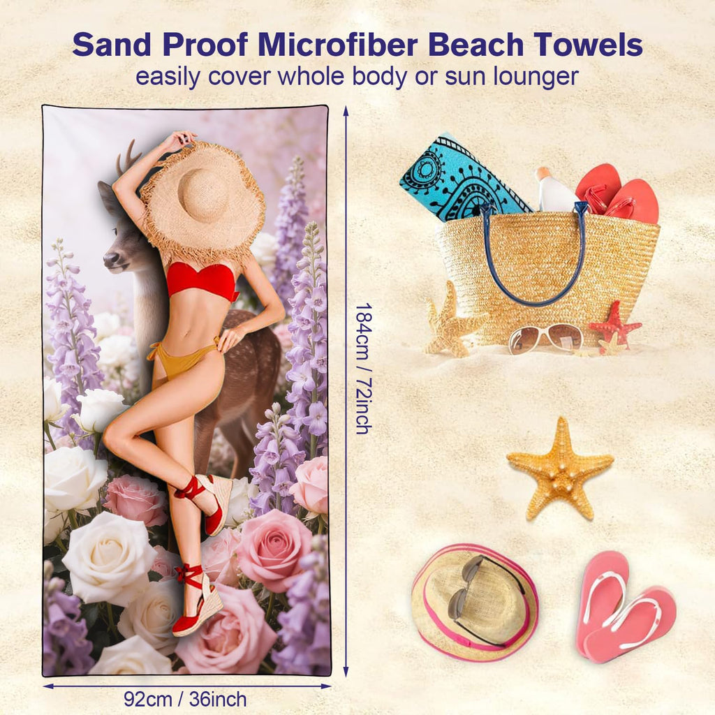 Violetpos Deer in Roses & Larkspur Beach Towel, Extra Large 180x90 cm 250GSM Microfibre, Sand Free Quick Dry - image 5