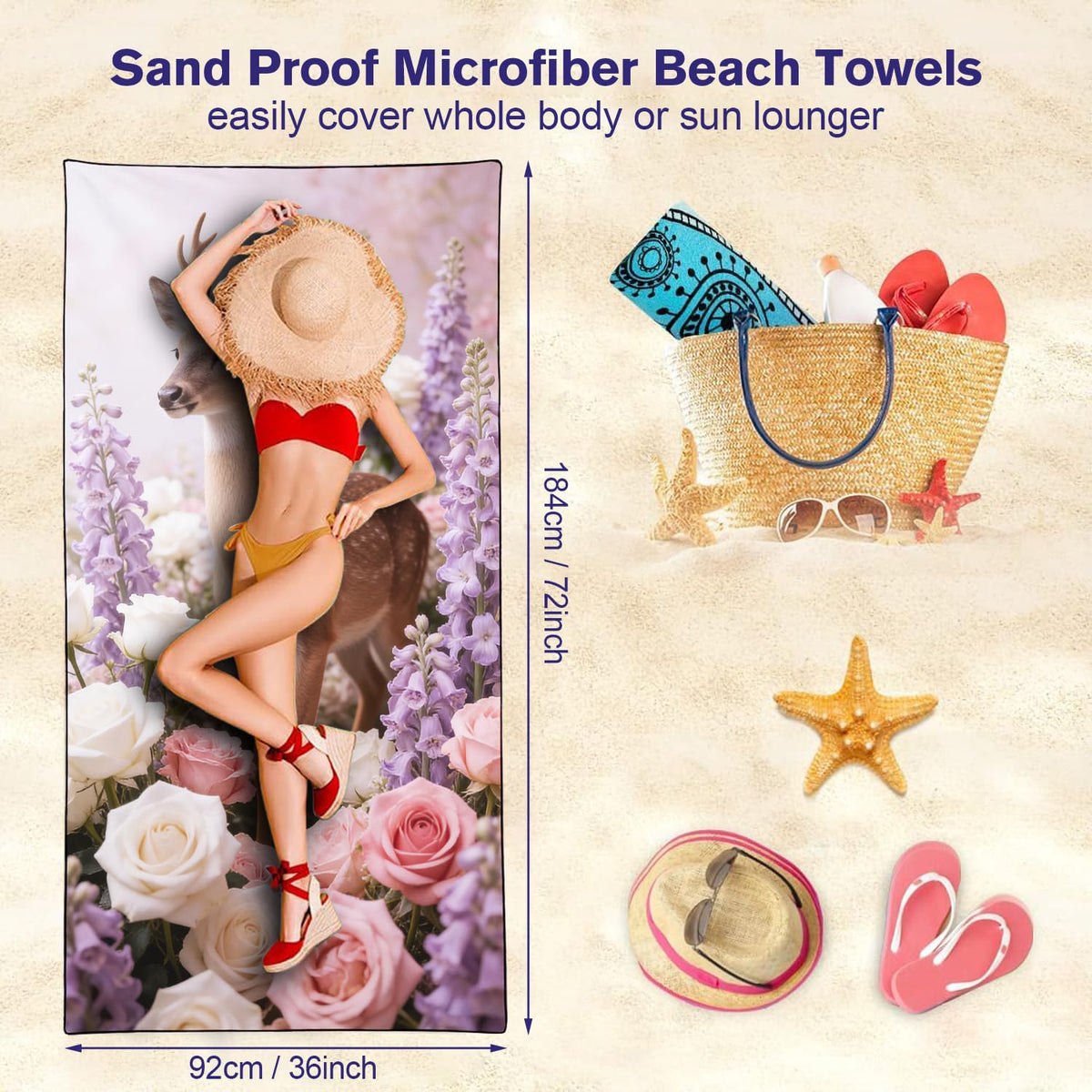 Violetpos Deer in Roses & Larkspur Beach Towel, Extra Large 180x90 cm 250GSM Microfibre, Sand Free Quick Dry - image 5