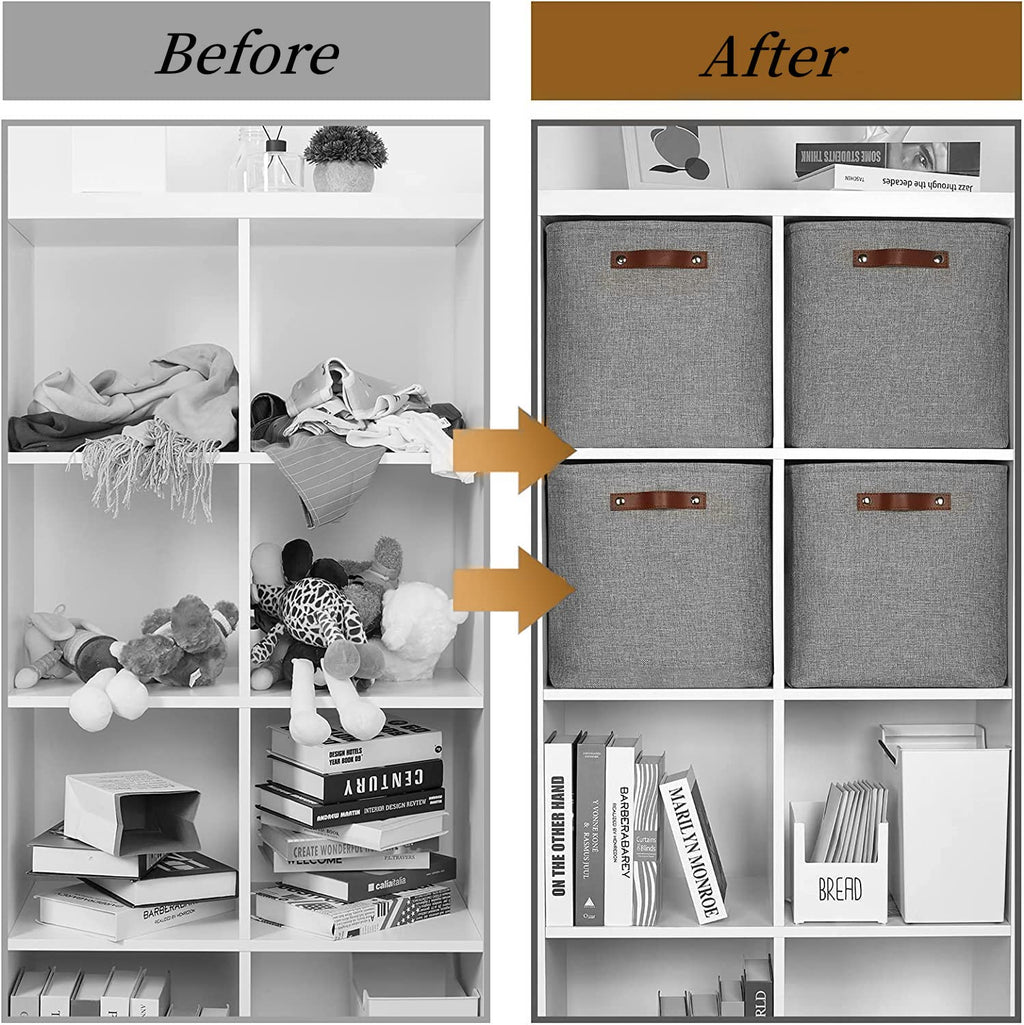 Mangata Grey Canvas Storage Cube Baskets with Leather Handles - 33x38x33cm