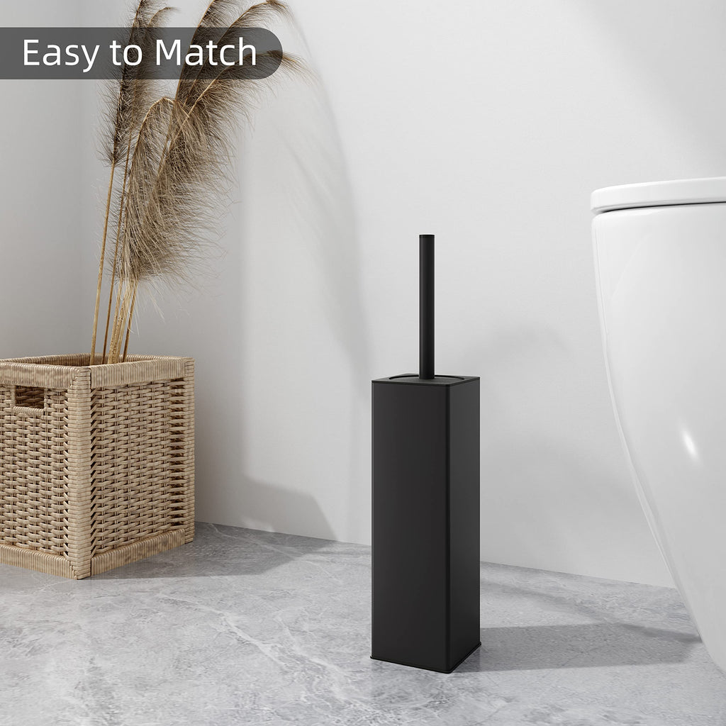 BVL Black Toilet Brush and Holder - 2 Piece Square Aluminum Set with 4 Heads