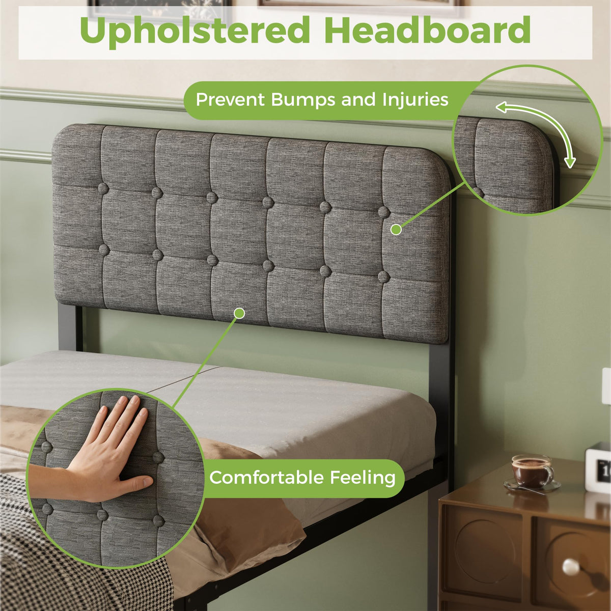 Lutown-Teen Single Bed Frame with Grey Upholstered Headboard - image 4