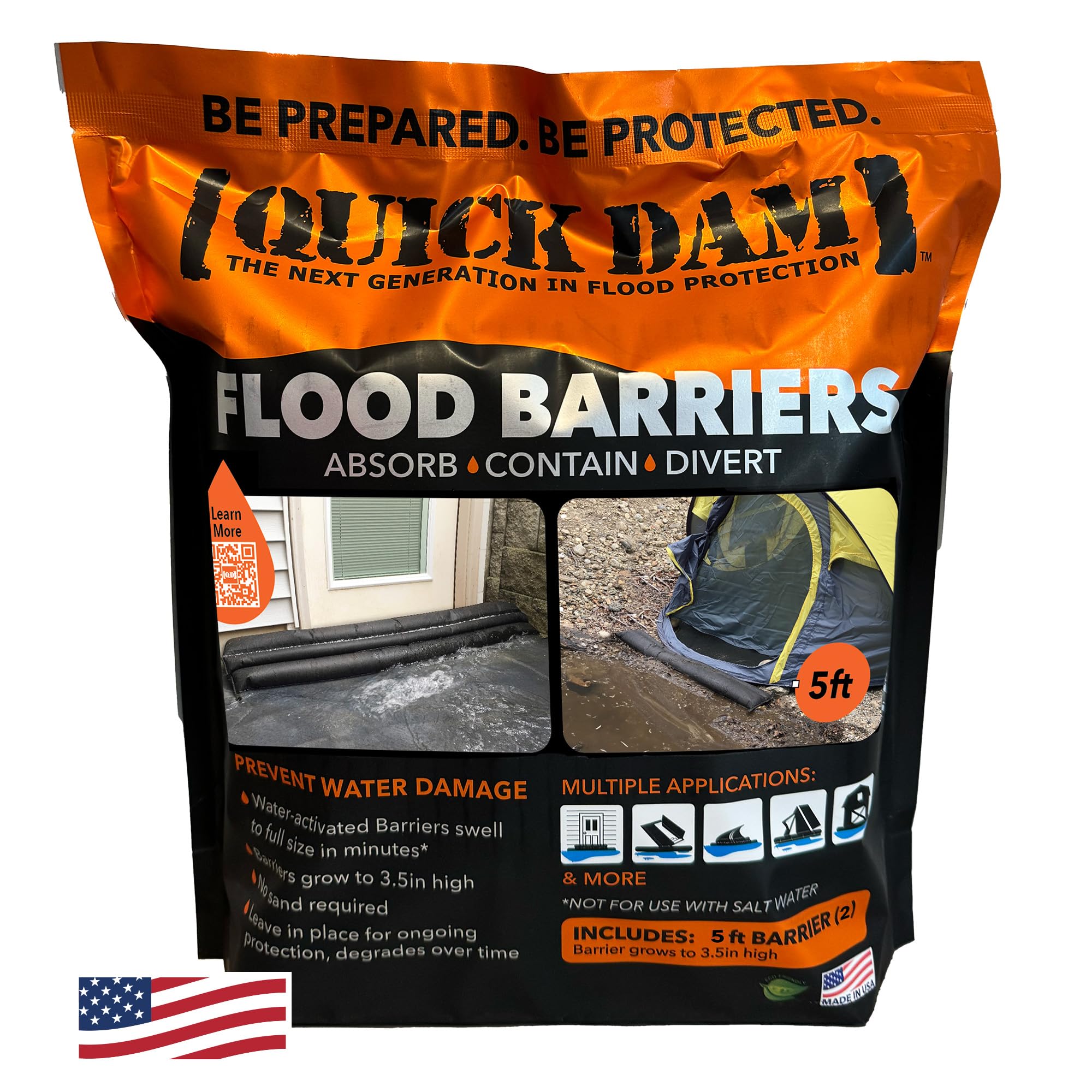 Quick Dam 5' Flood Barrier Water Flow Control Bags, Black, 2-Pack