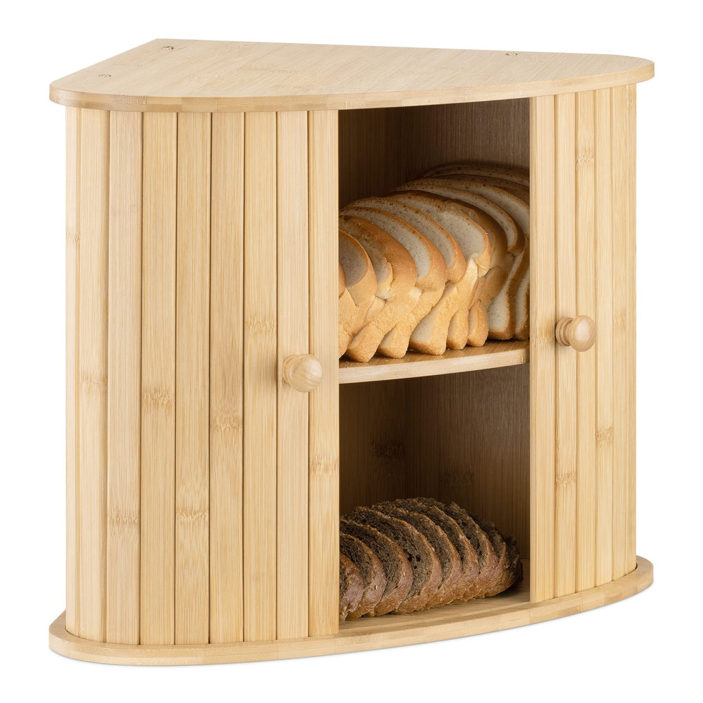 Navaris Bamboo Corner Bread Bin – Wooden Kitchen Storage with Sliding Doors