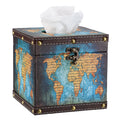 BTSKY Retro PU Leather Square Tissue Box Cover – Blue World Map Design