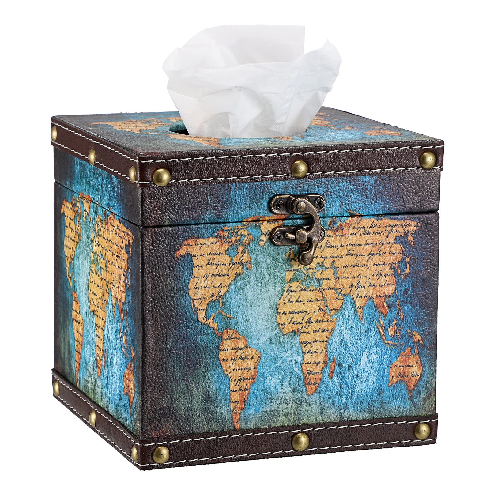 BTSKY Retro PU Leather Square Tissue Box Cover – Blue World Map Design