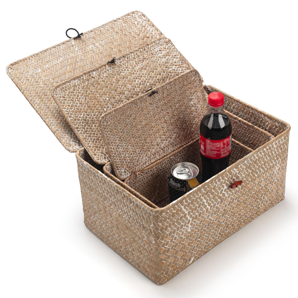 Seagrass Storage Baskets with Lid | 3-Piece Woven Rattan Set