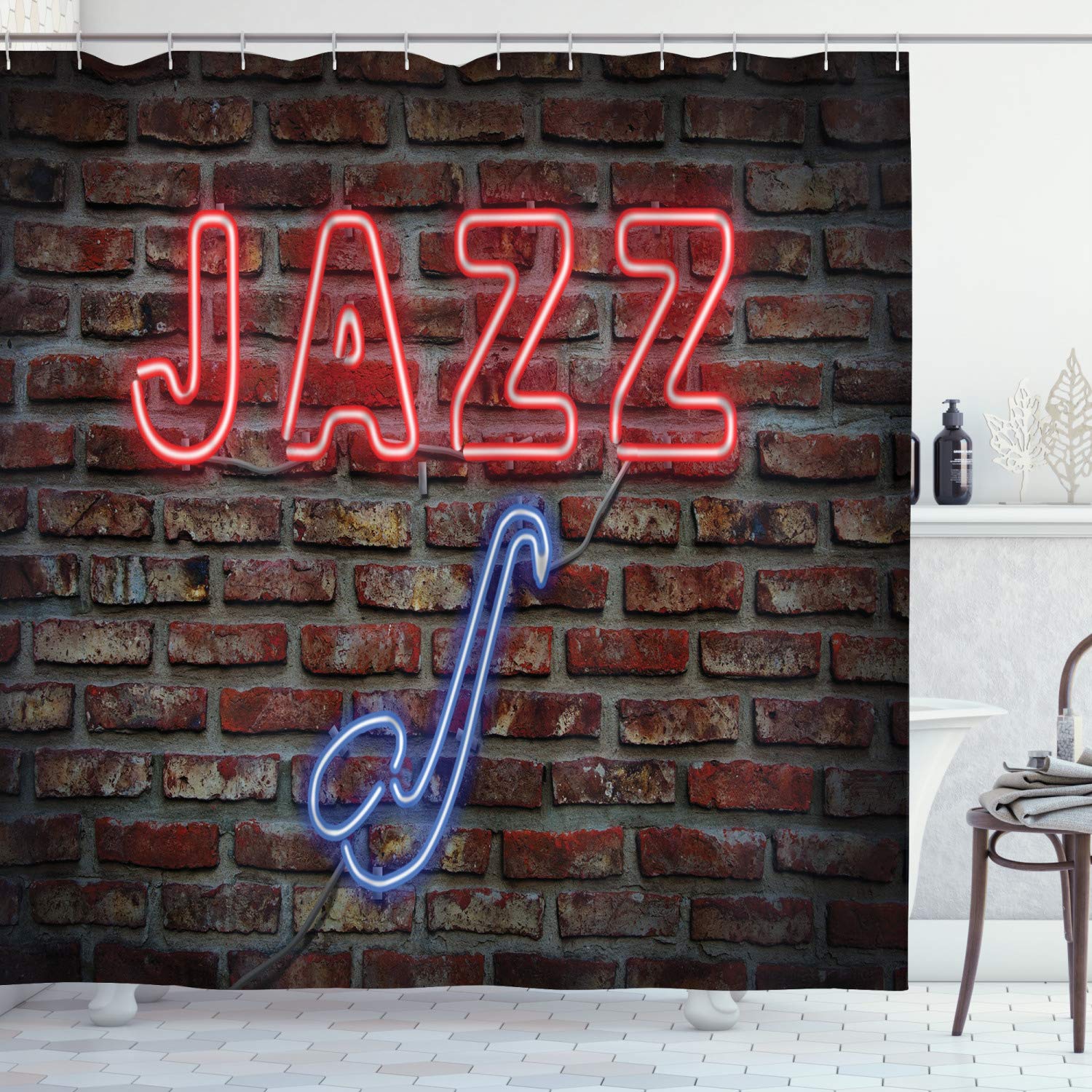 ABAKUHAUS Music Shower Curtain | Neon Jazz Saxophone Fabric Decor, 69x78"