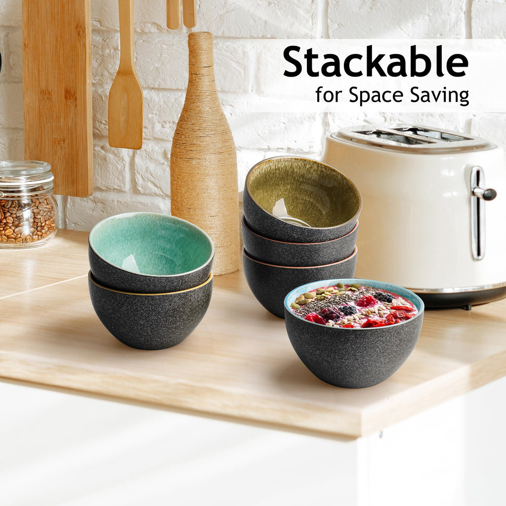 MIAMIO Ceramic Cereal Bowls Set of 6 | 750ml Stackable Soup Bowls