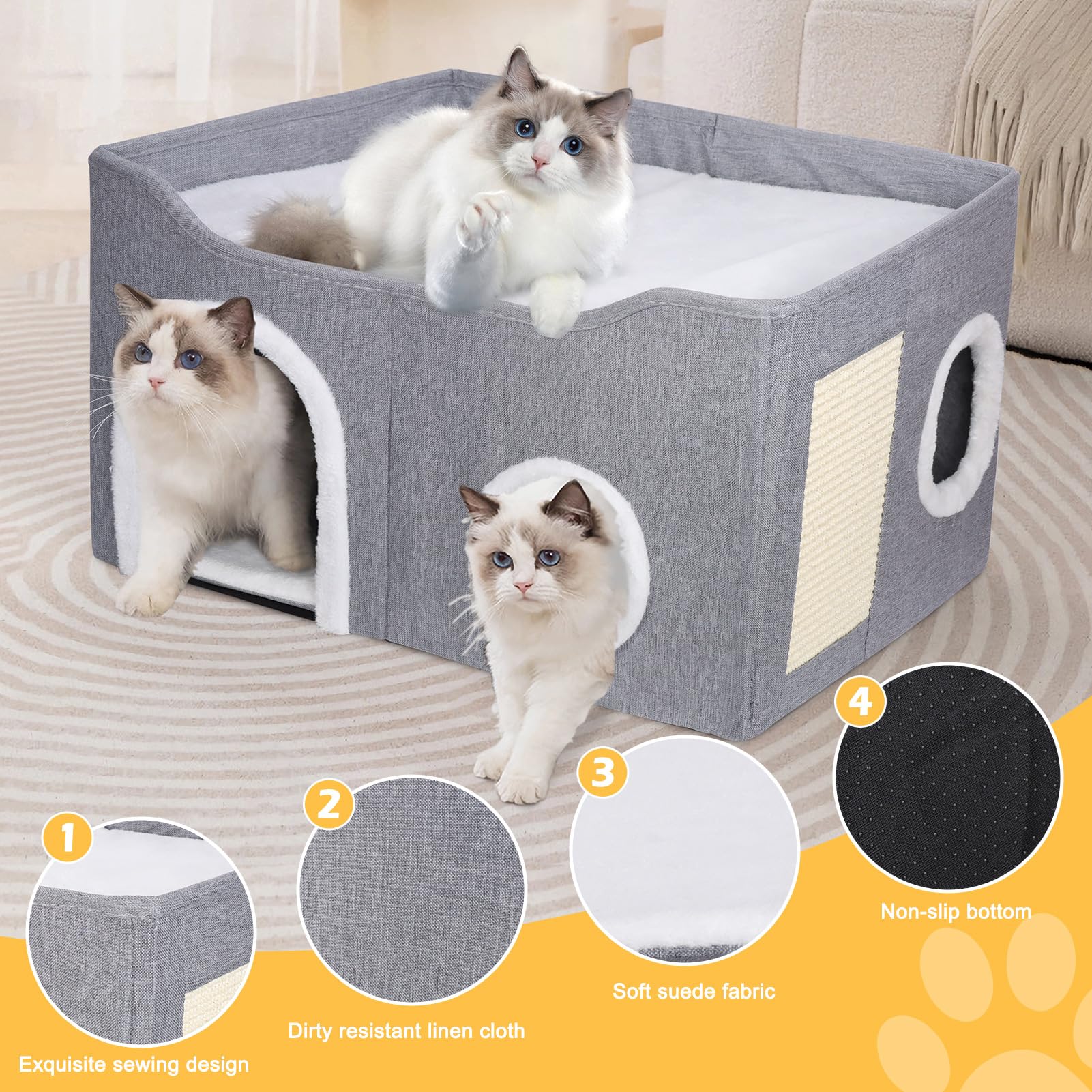 GDGZT Foldable Cat House – Large 2-Level Indoor Cat Cave with Scratcher