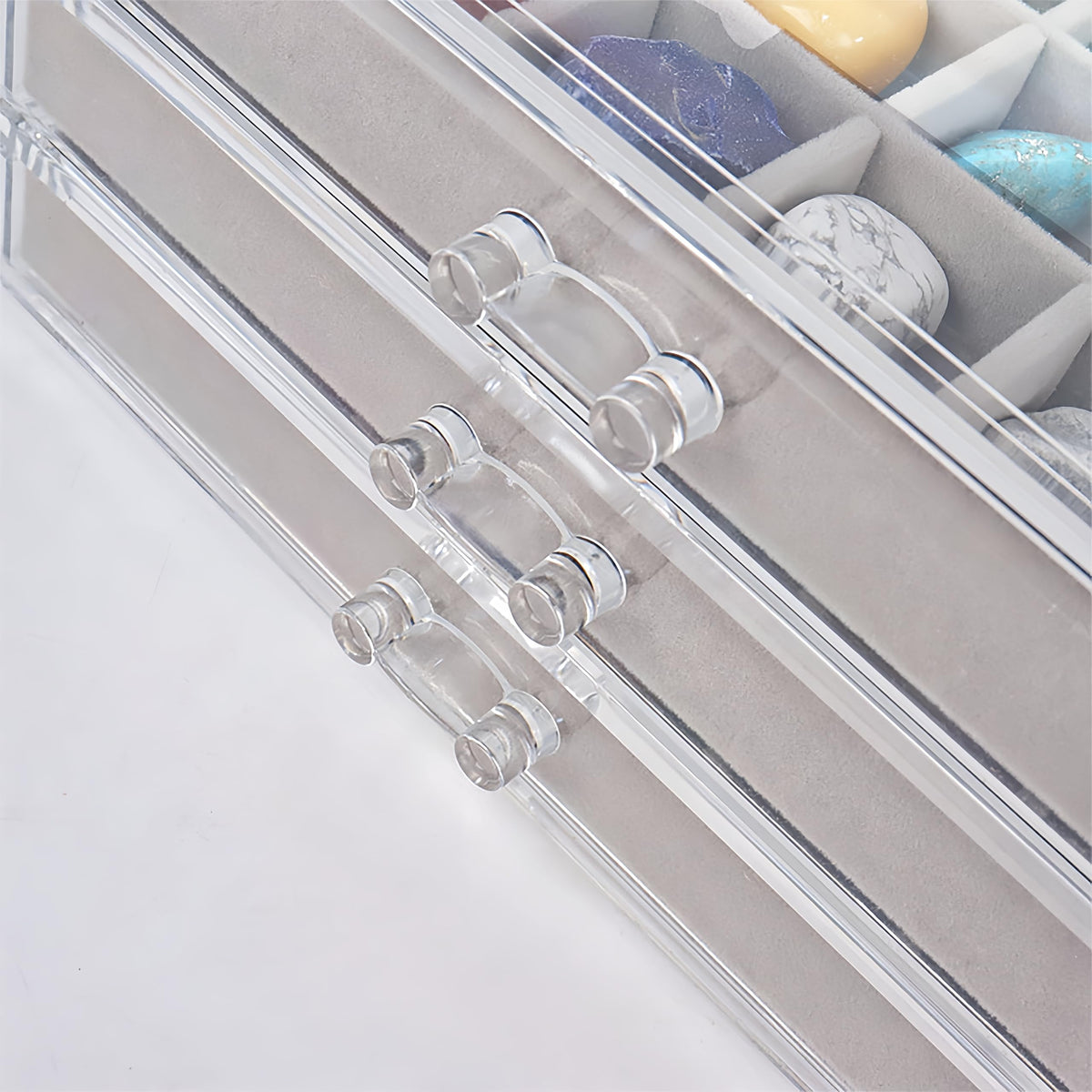 Dmnnlp Rock Display Case, 3 Drawers 54 Grids Rock Collection Box, Storage Cases for Gemstone Fossil Crystal Stone Jewellery Grey