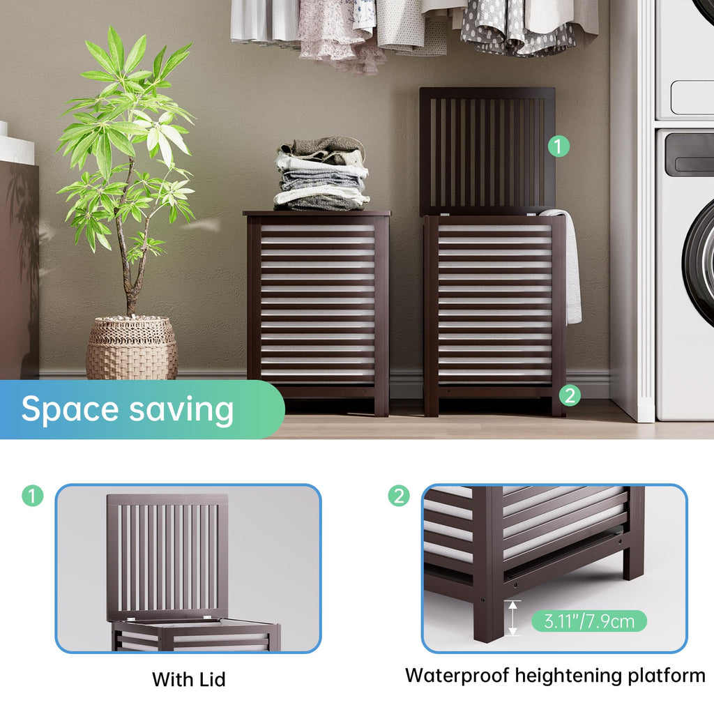 SMIBUY 120L Double Bamboo Laundry Hamper with Lid and Removable Liner