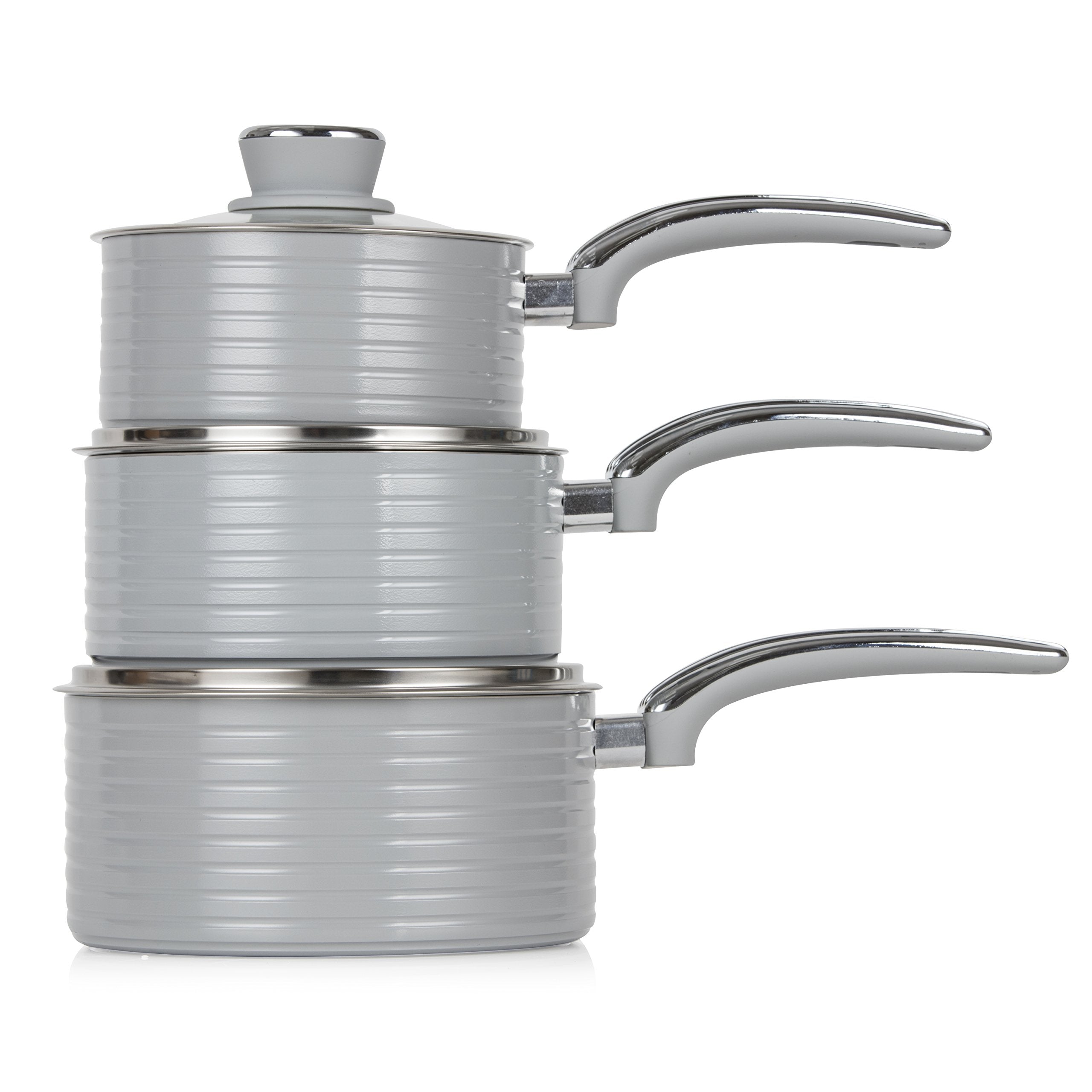 Swan Retro 3 Piece Induction Saucepan Set – Non-Stick Ceramic, Grey