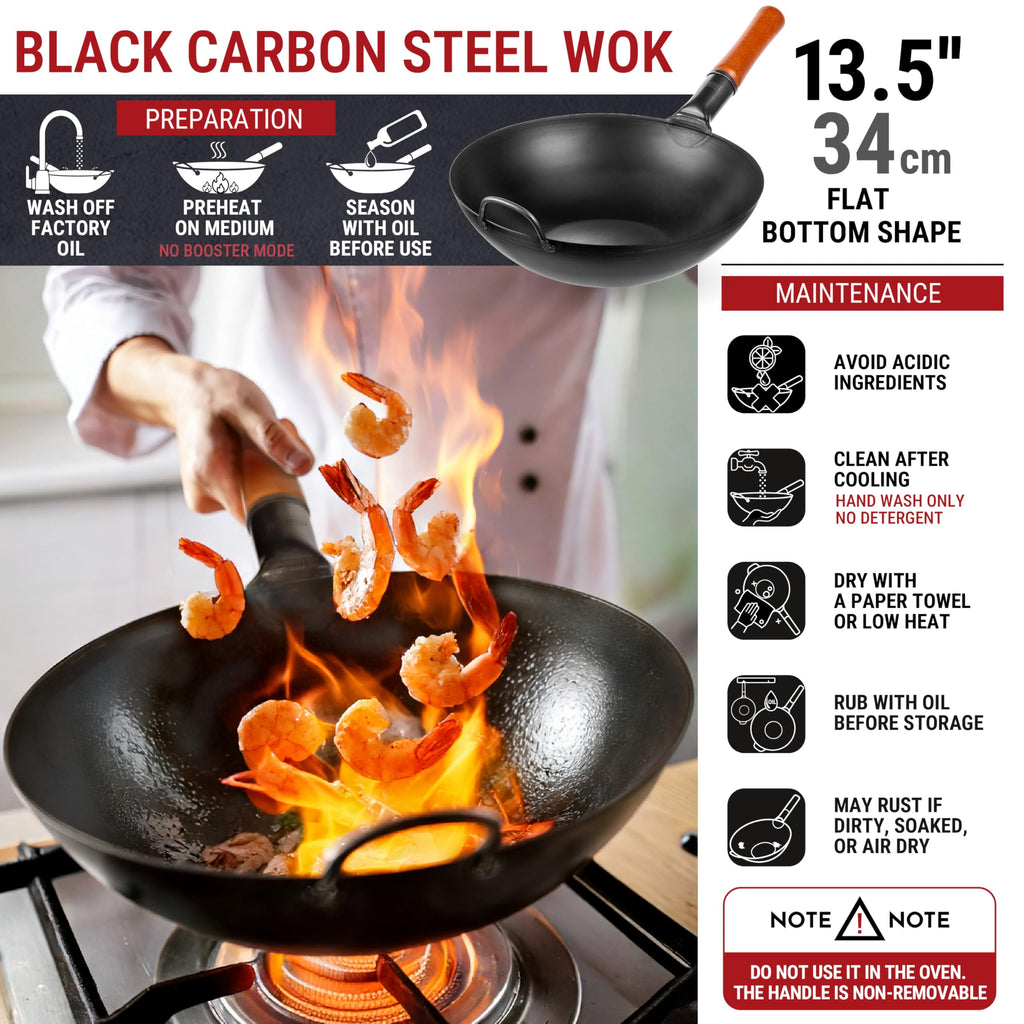 Yosukata 34 cm Carbon Steel Wok Pan – Pre-Seasoned Flat Bottom Pow Wok