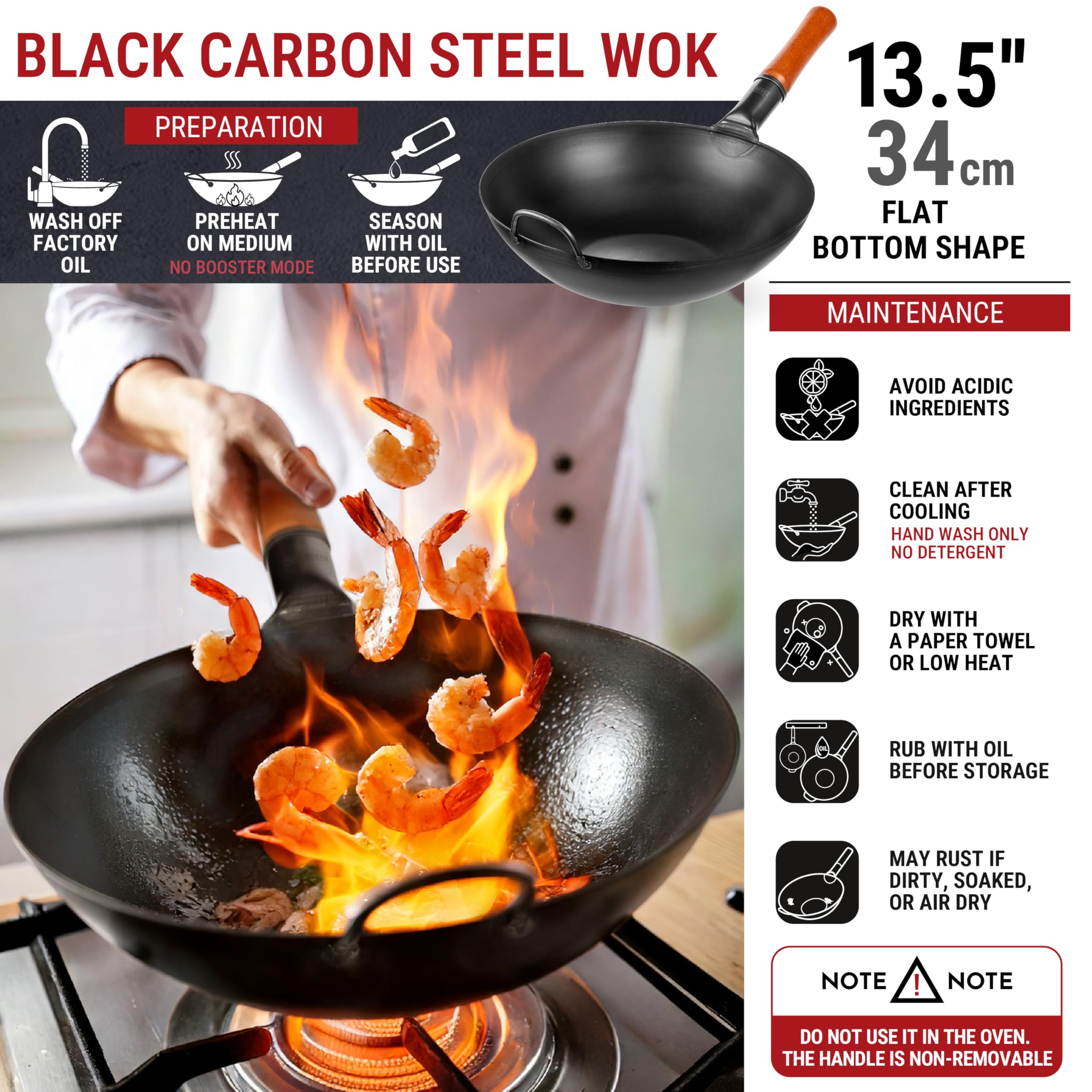 Yosukata 34 cm Carbon Steel Wok Pan – Pre-Seasoned Flat Bottom Pow Wok