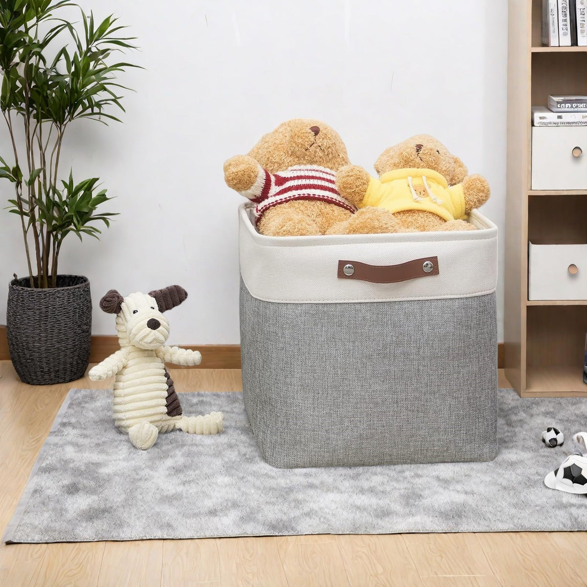 VIIHTYISA Fabric Storage Box, 4-Piece Set 25x25x25cm Cube Storage Boxes with Faux Leather Handle for Cube Shelves, Closet, Wardrobes | Grey & White - image 4