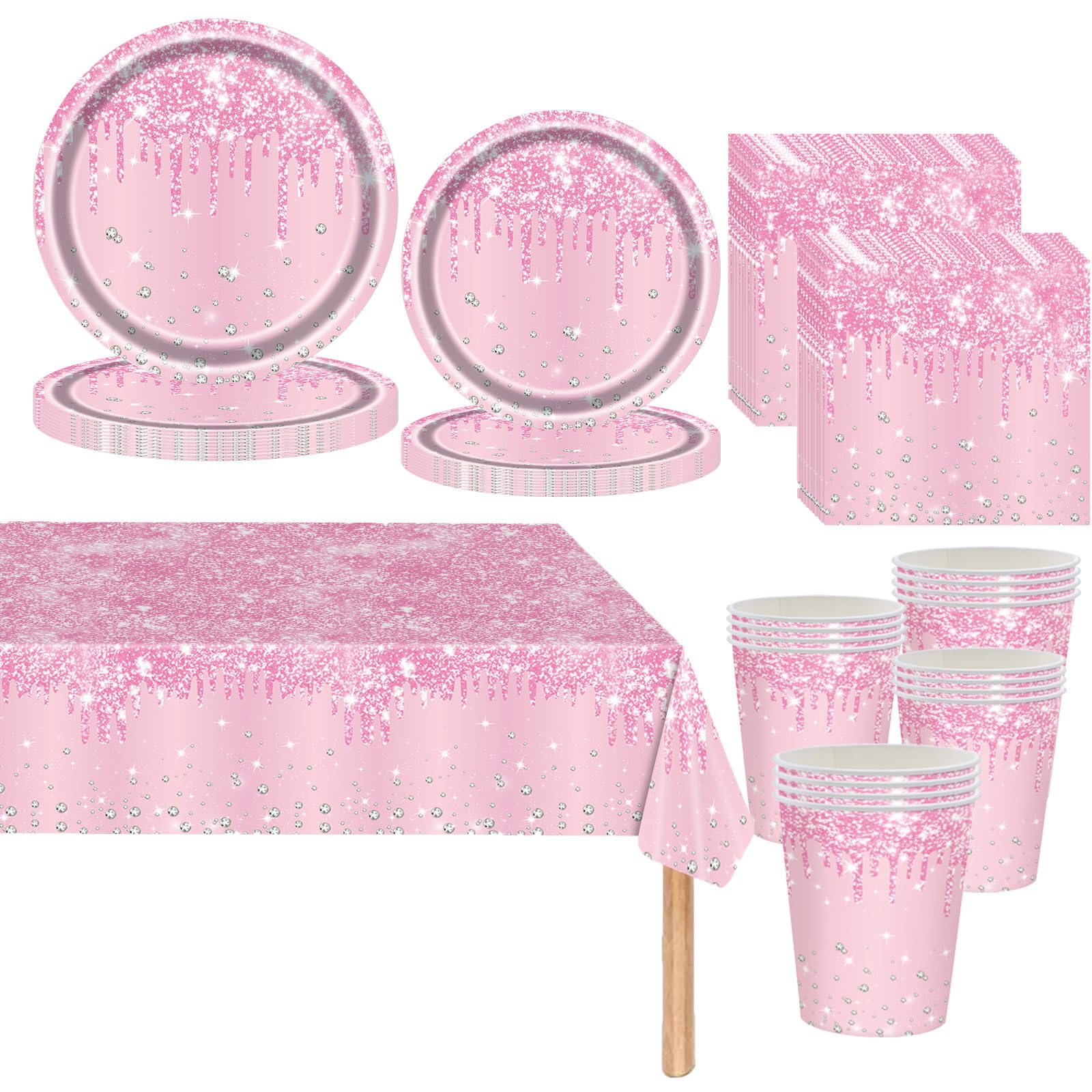 Pink Glitter Diamond Birthday Tableware Set - 81 Piece Kit