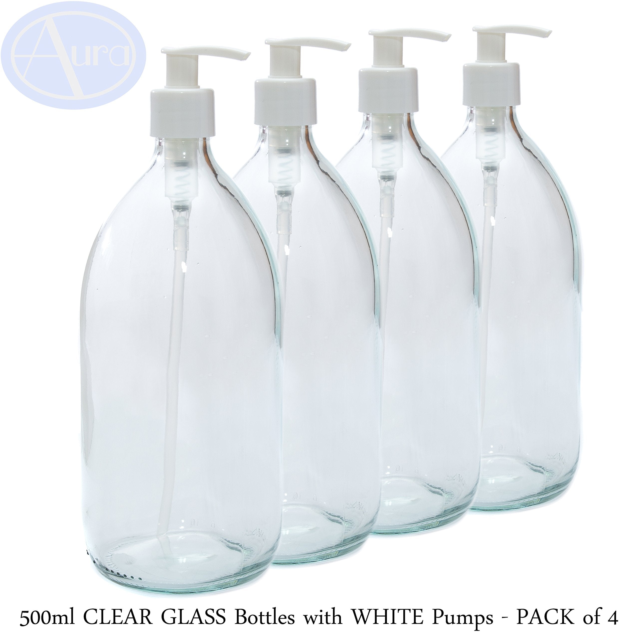 Jolof Store 500ml Clear Glass Bottles with White Pumps – Pack of 4