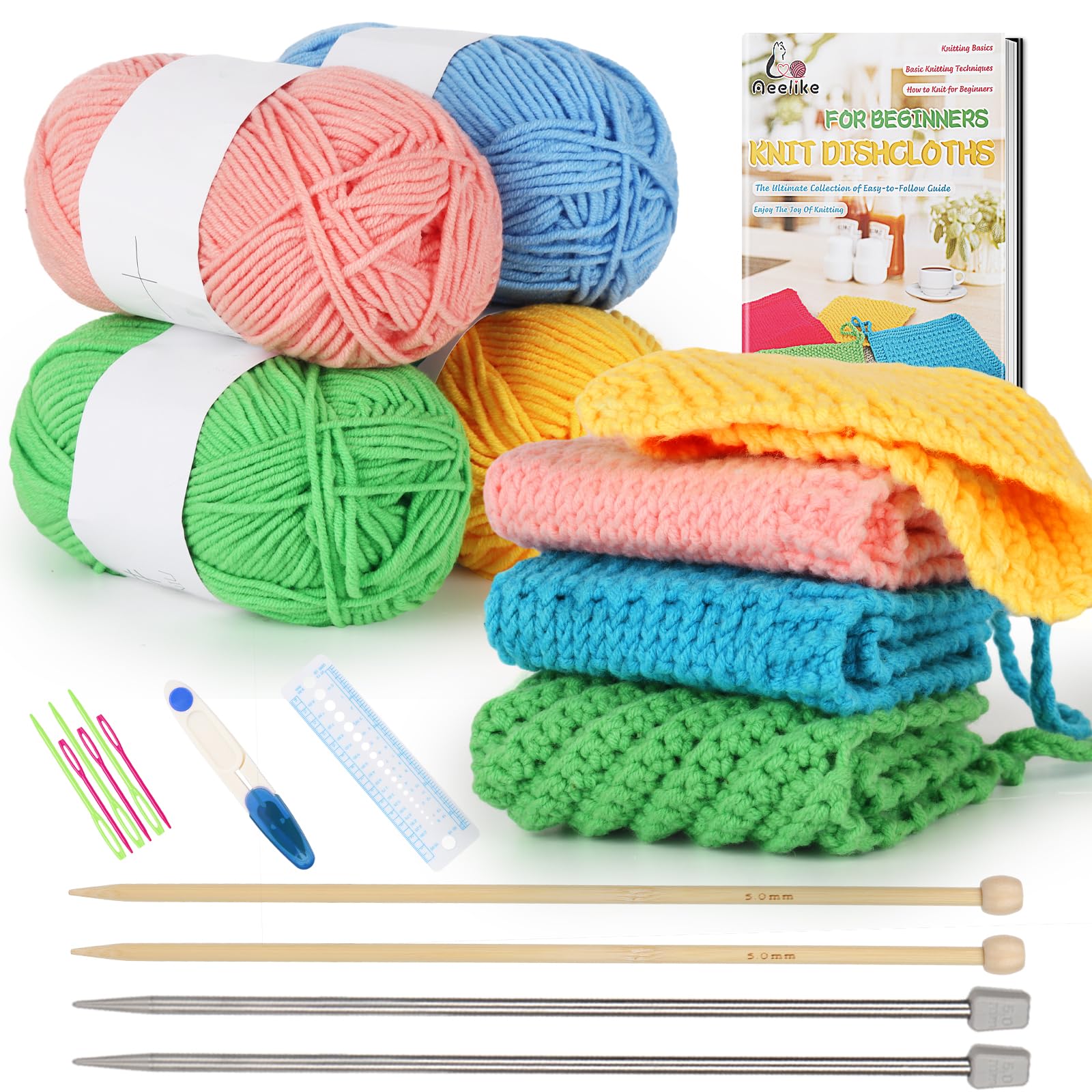 Aeelike Dishcloth Knitting Kit for Beginners with Bamboo & Metal Needles