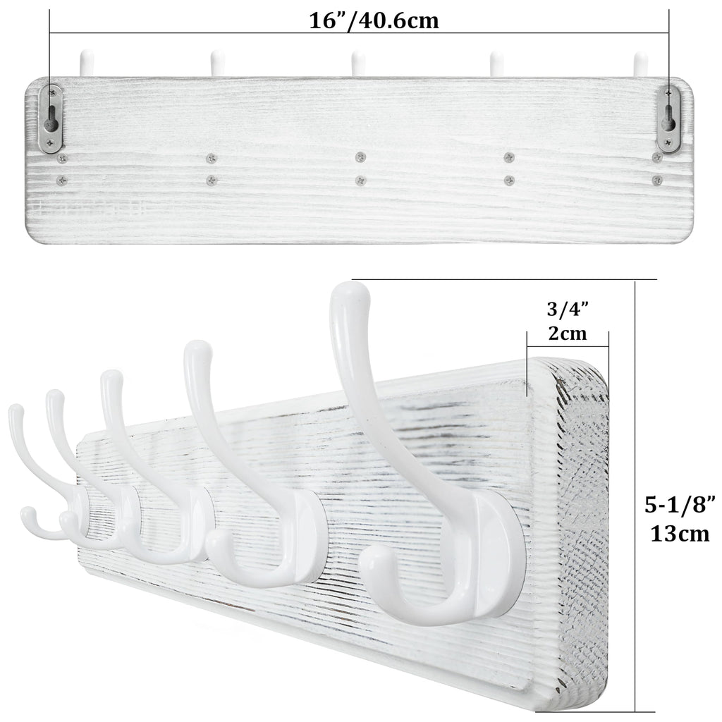 WEBI Rustic White Solid Wood Wall Mounted Coat Rack with 5 Hooks – 2 Pack