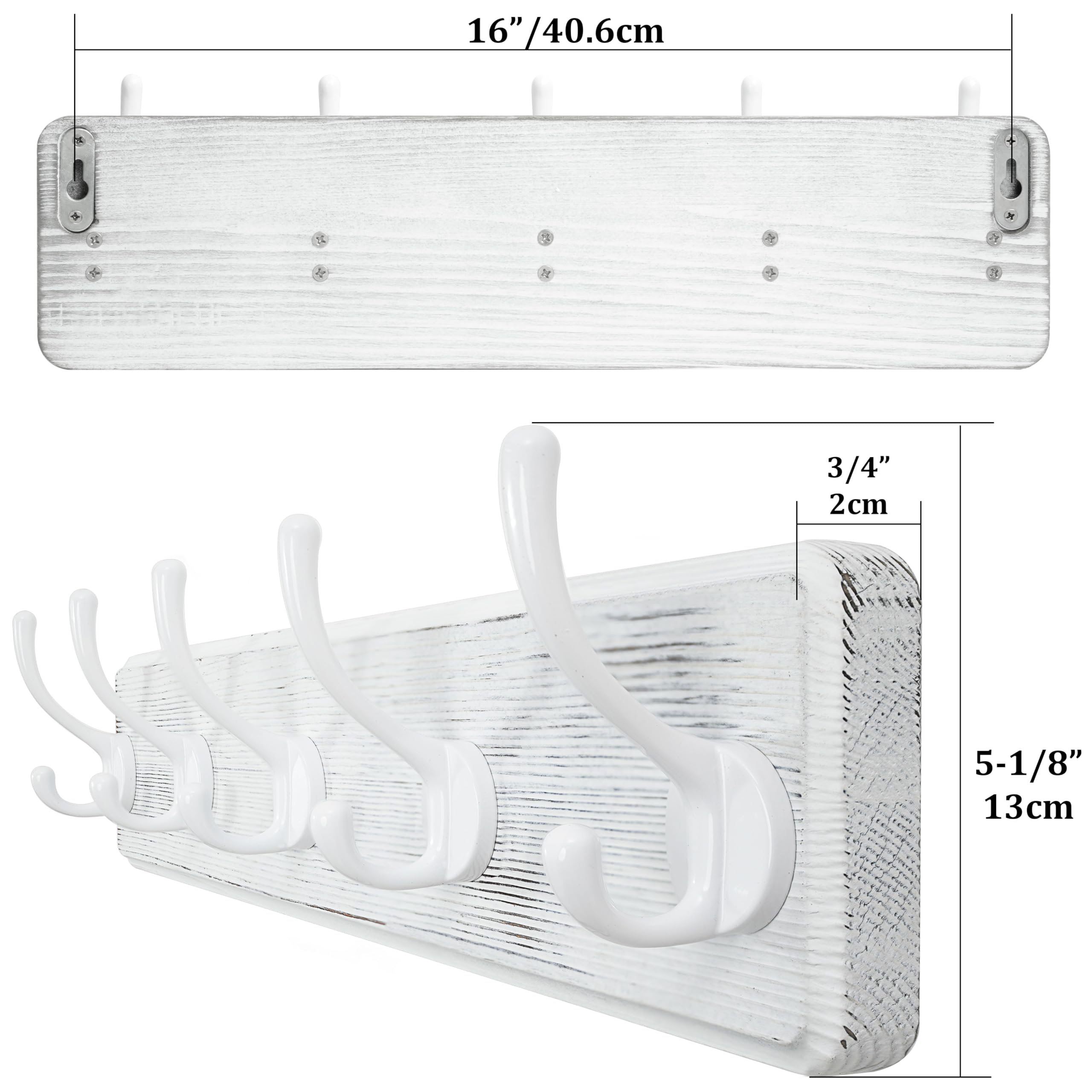 WEBI Rustic White Solid Wood Wall Mounted Coat Rack with 5 Hooks – 2 Pack