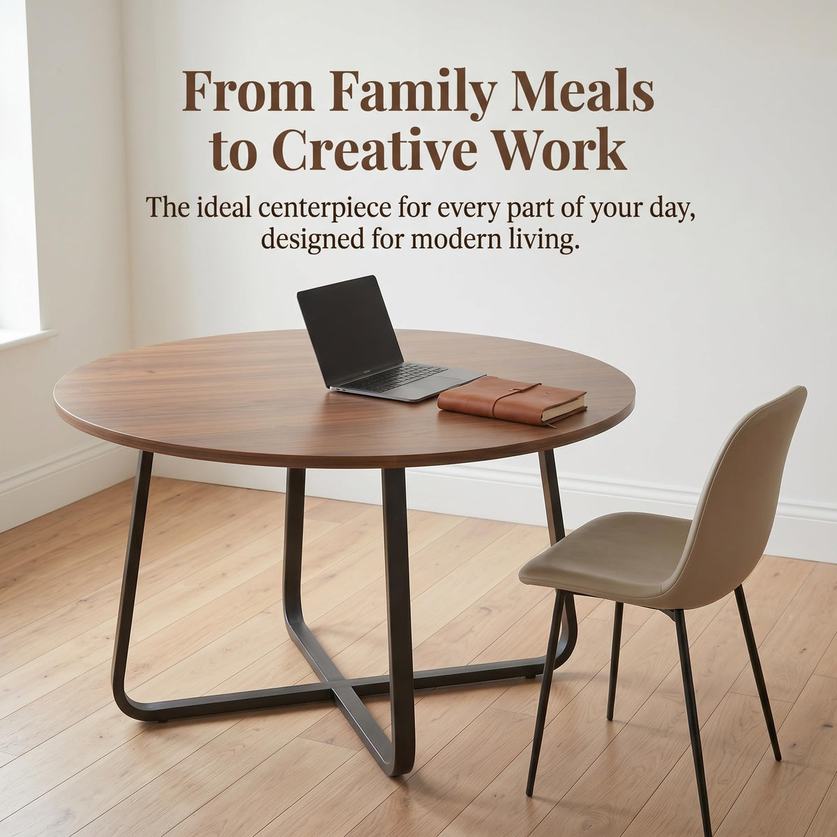 Turosur 47'' Round Dining Table with Walnut Wood Tabletop & Metal Legs