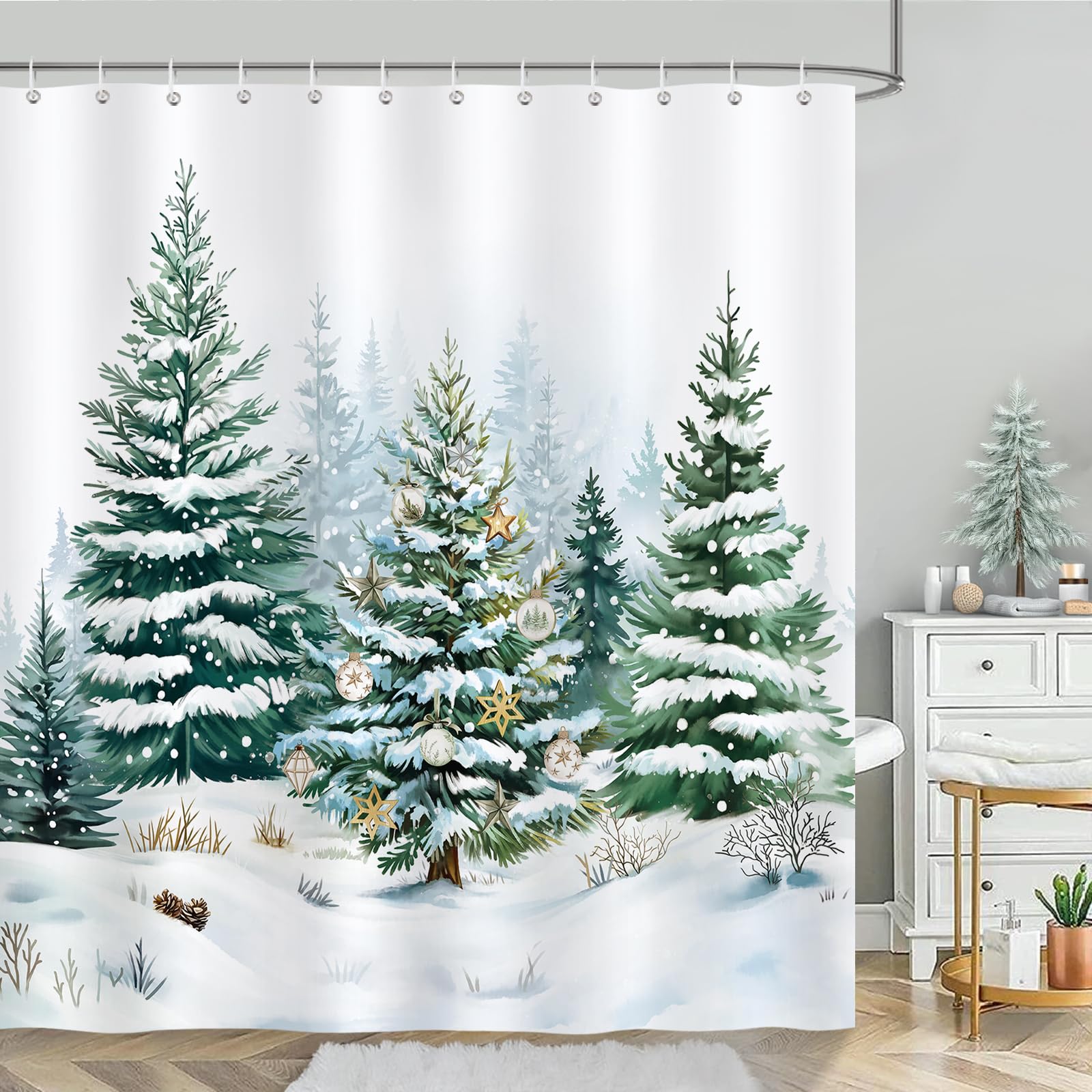 Bonhause Winter Pine Tree Shower Curtain | Waterproof Polyester, 180x180cm