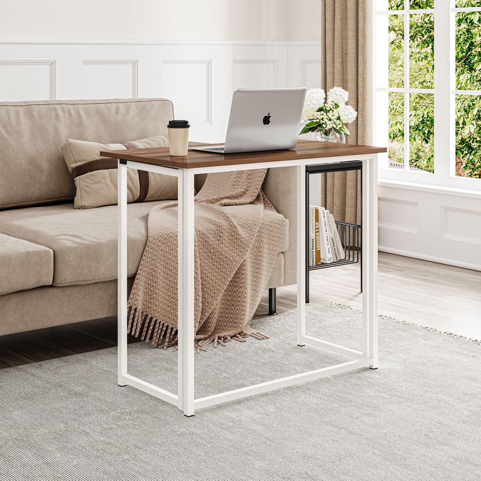 Dripex Folding Computer Desk – Compact No-Assembly Metal Table, Brown