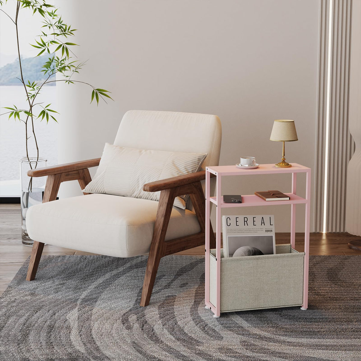 JERX Narrow Side Table with Fabric Basket, End Table for Small Spaces, Slim Side Table with Magazine Rack for Living Room Office Bedroom and Bathroom - image 4