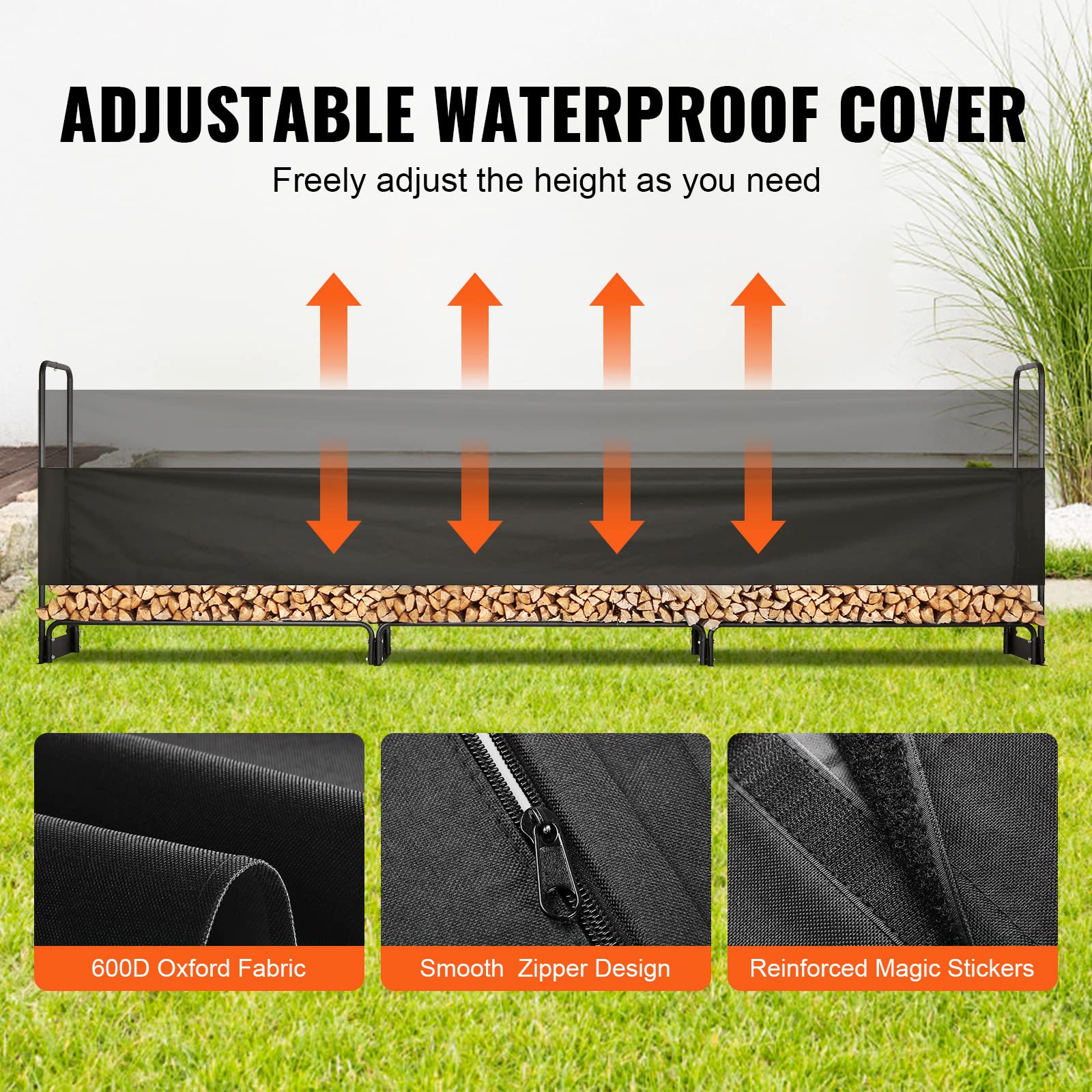 VEVOR 12.7FT Outdoor Firewood Rack with 600D Waterproof Cover, 3/4 Cord